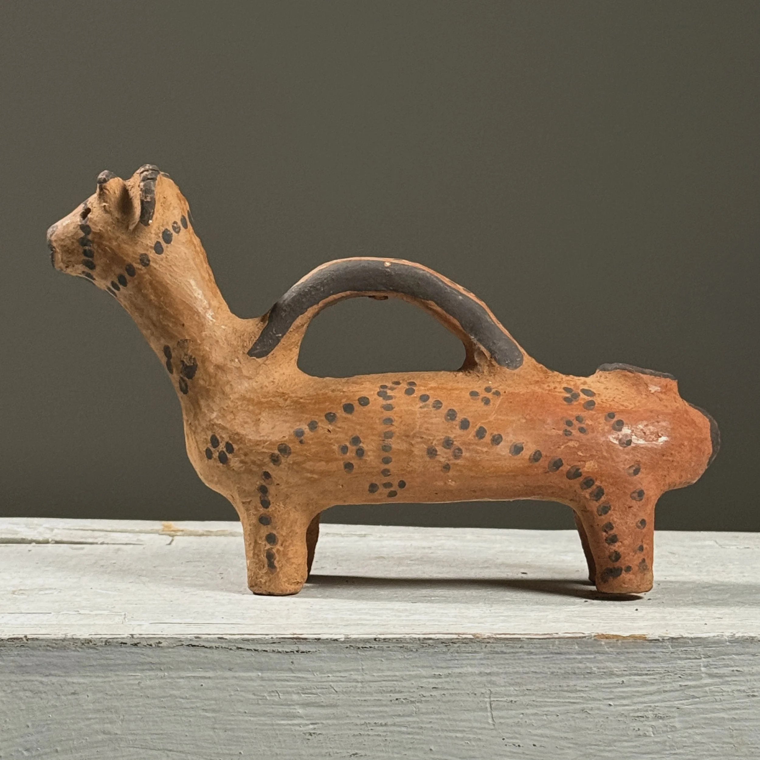 Vintage Persian folk art polychrome terracotta zoomorphic askos. 9 inches width by 5.5 inches height by 2.25 inches depth.