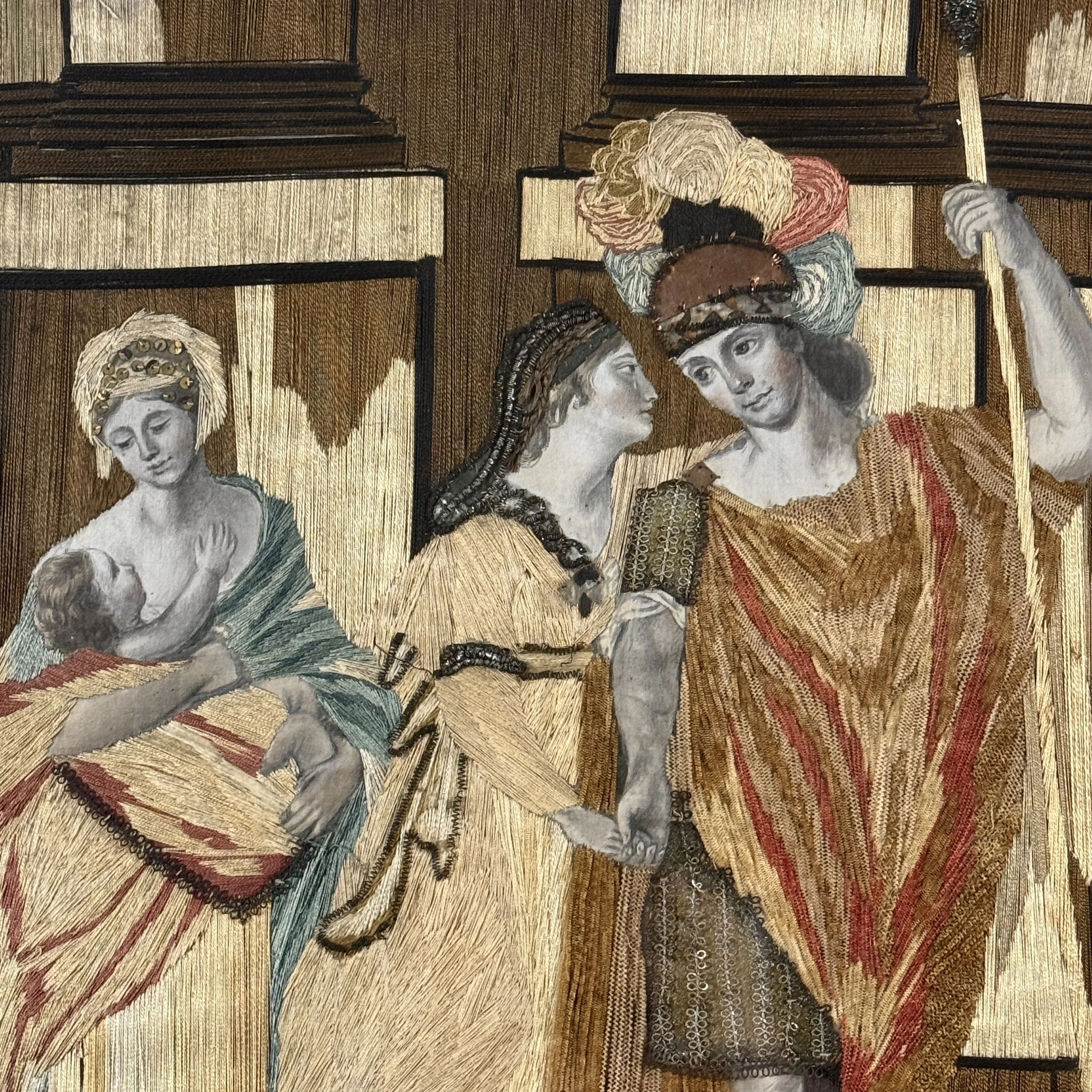 Detail of hand-painted faces and hands, silk embroidery, Georgian tapestry