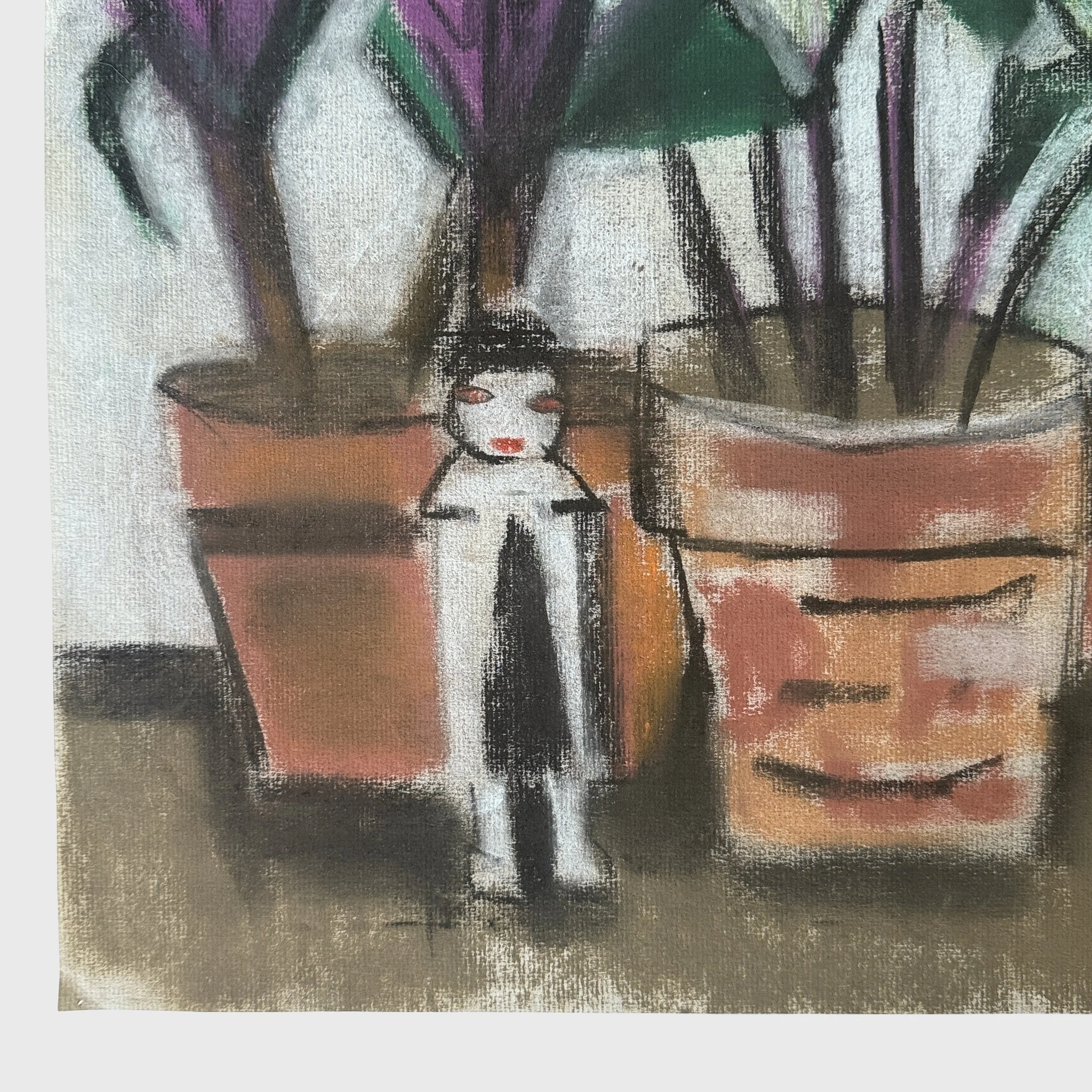 Japanese figurines depicted beside potted plants in modernist pastel