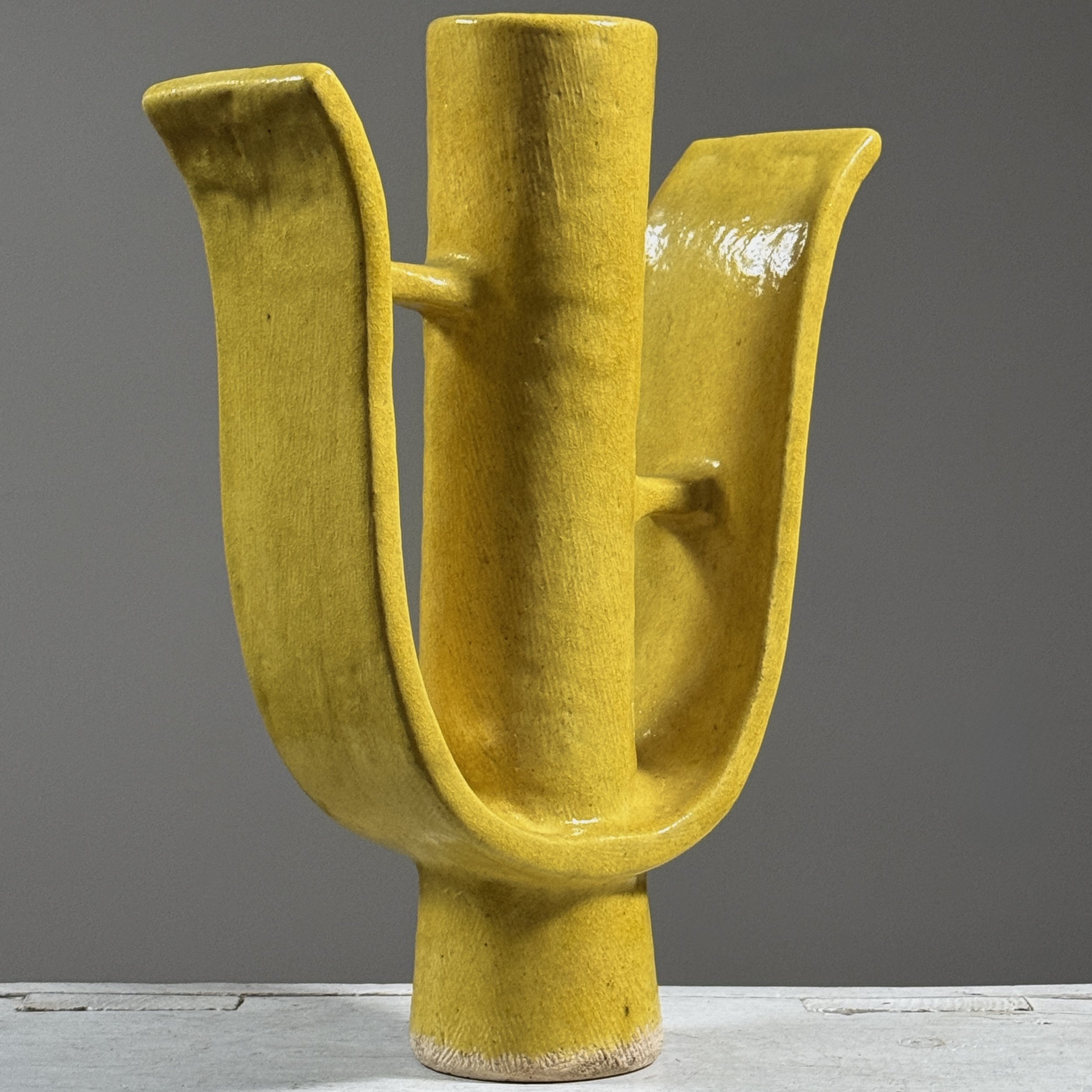 Yellow glazed ikebana vase with two wings and central cylinder, Japanese Postmodernist
