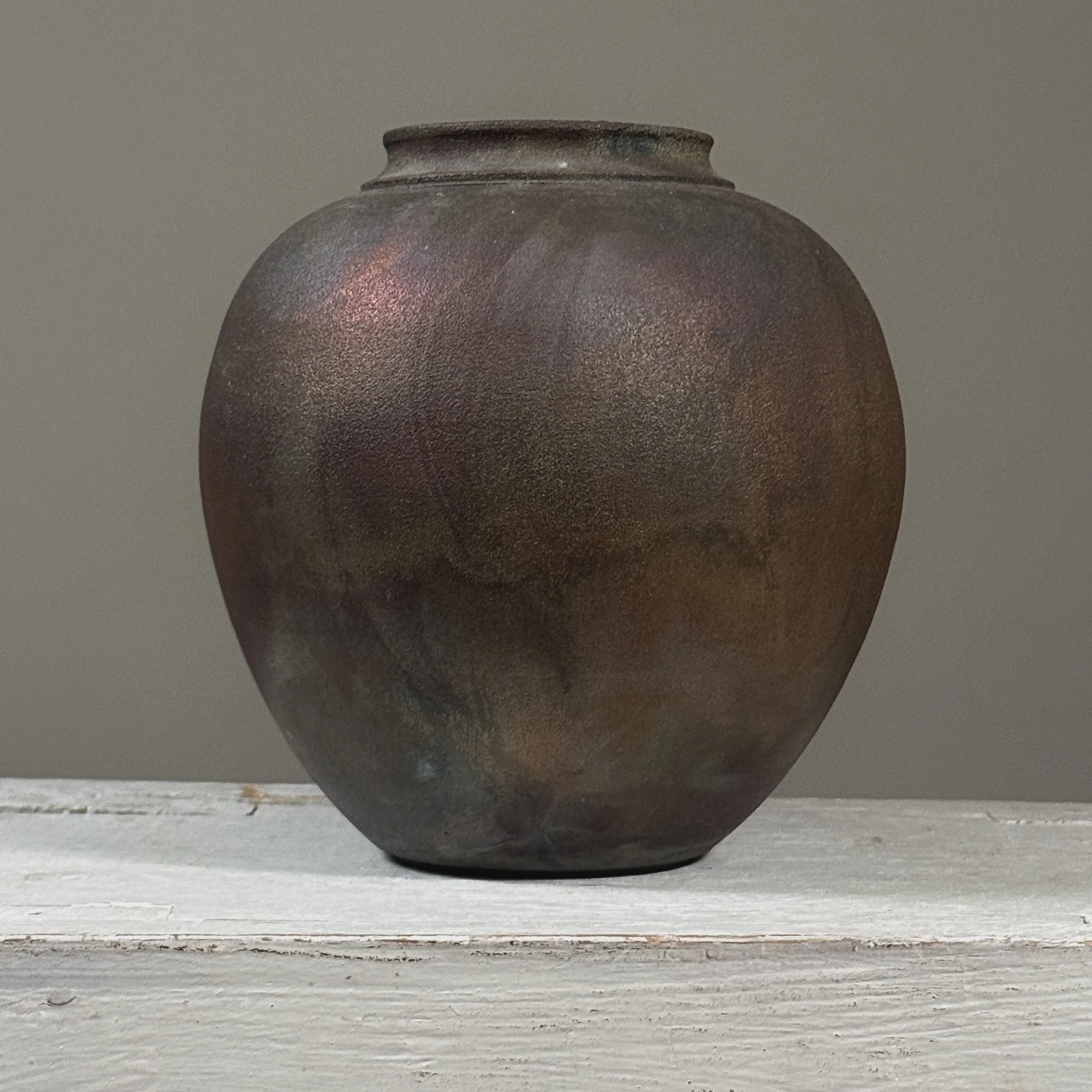 Vintage Postmodern raku fired vase, iridescent metallic glaze, signed