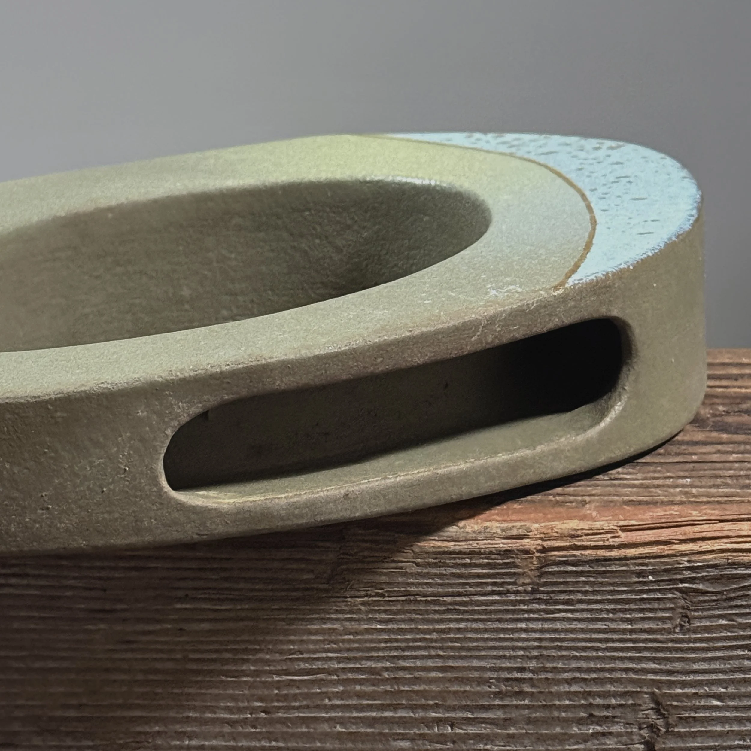Vintage Postmodernist Japanese ikebana oval green vase with light blue detail