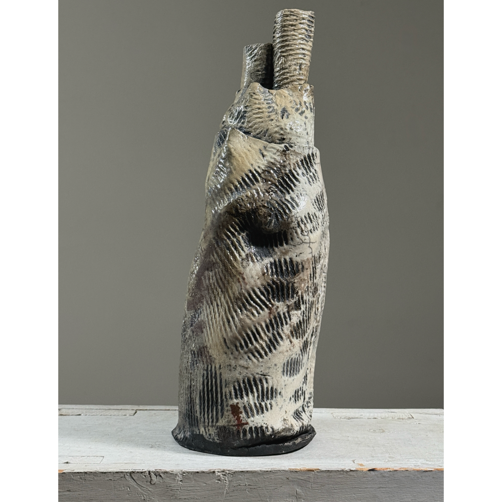 Vintage Brutalist Expressionist wood fired slab built crackle glaze vase