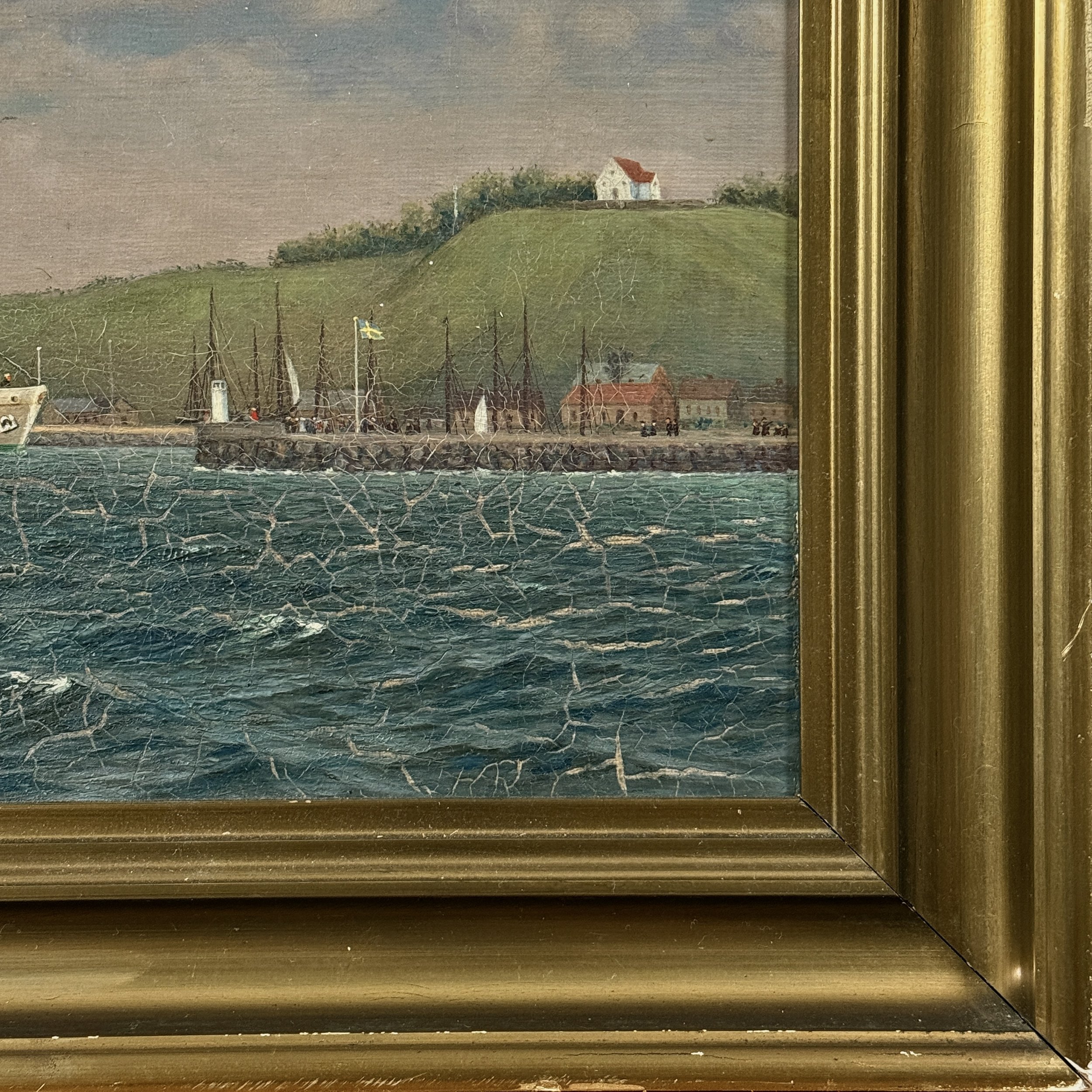 Condition detail showing craquelure in lower quadrant of Swedish Folk Art seascape, oil on canvas