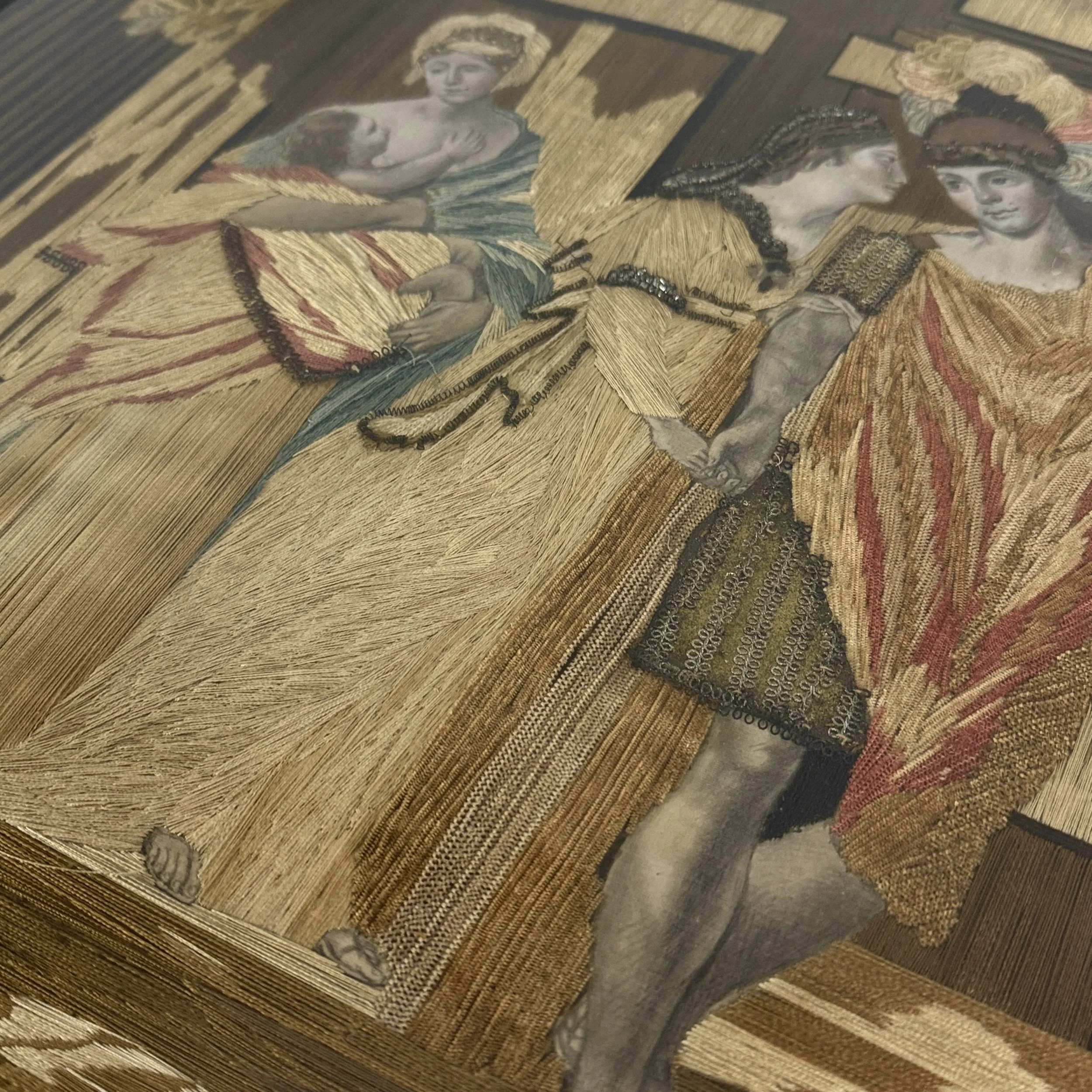 Layered silk embroidery with fabric appliqué and pailettes, antique needlework