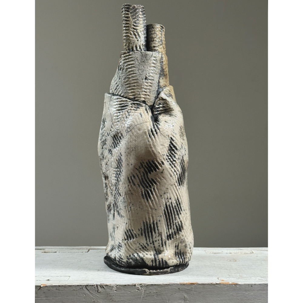 Vintage Brutalist Expressionist wood fired slab built crackle glaze vase