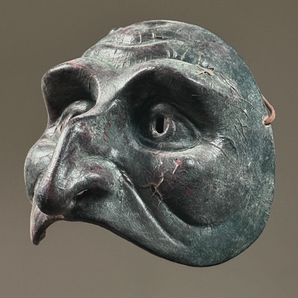 Vintage green hand made Commedia Pulcinella mask. Modernist reinterpretation. 7 inches high by 7.5 inches wide by 6.25 inches deep.