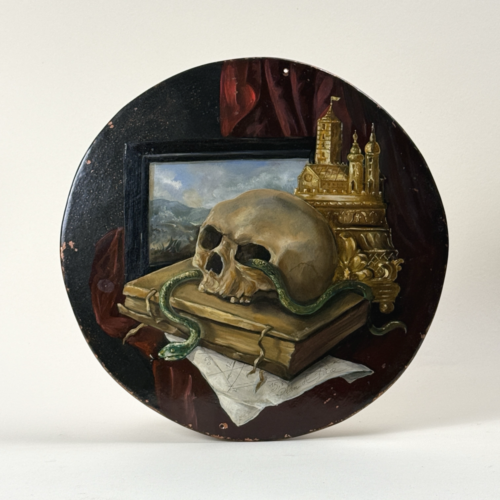 Realist oil on copper tondo still life. Skull, snake, book, landscape, gold castle, red drape. 11 inch diameter.