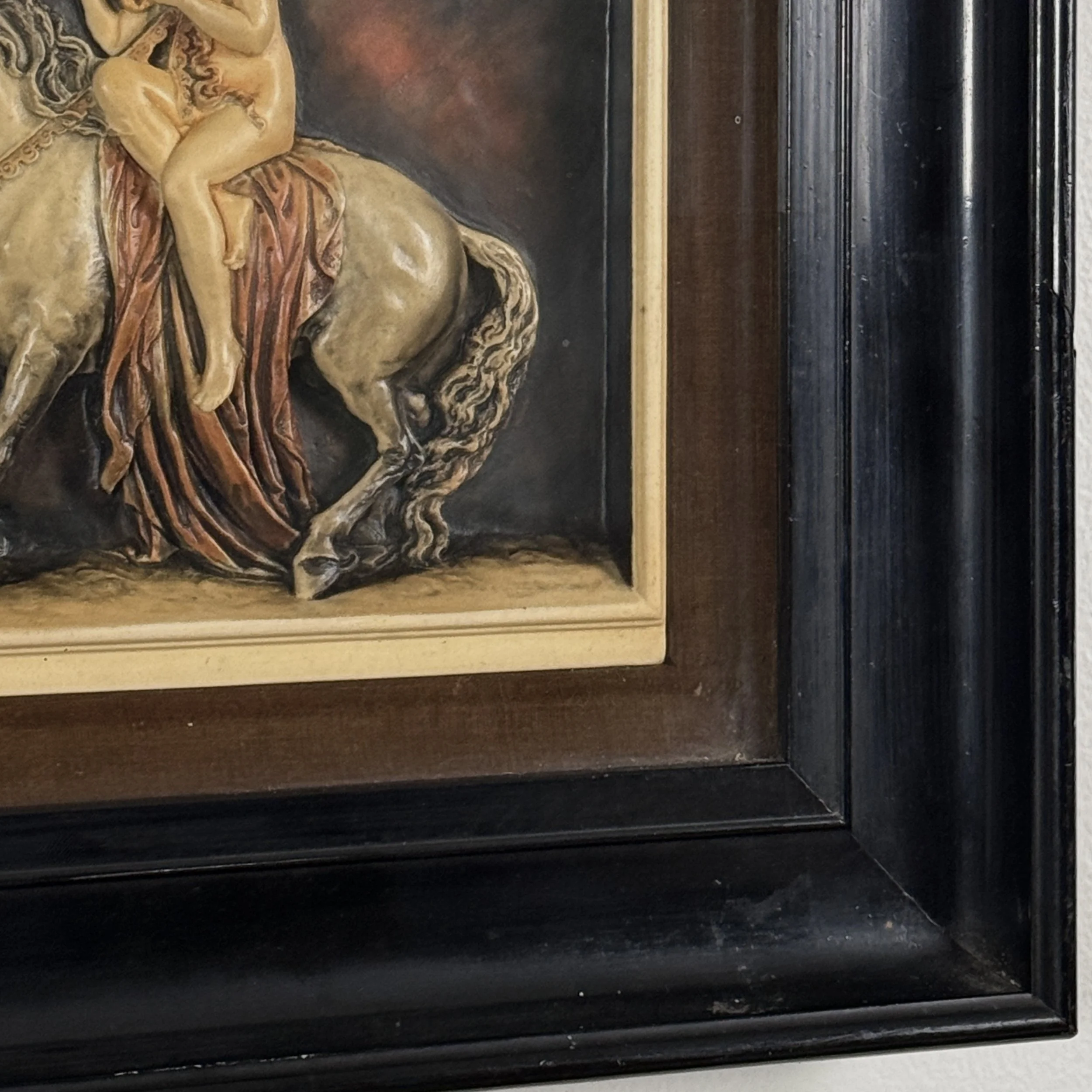 Detail of Antique Victorian hand-painted wax bas-relief diorama of Lady Godiva
