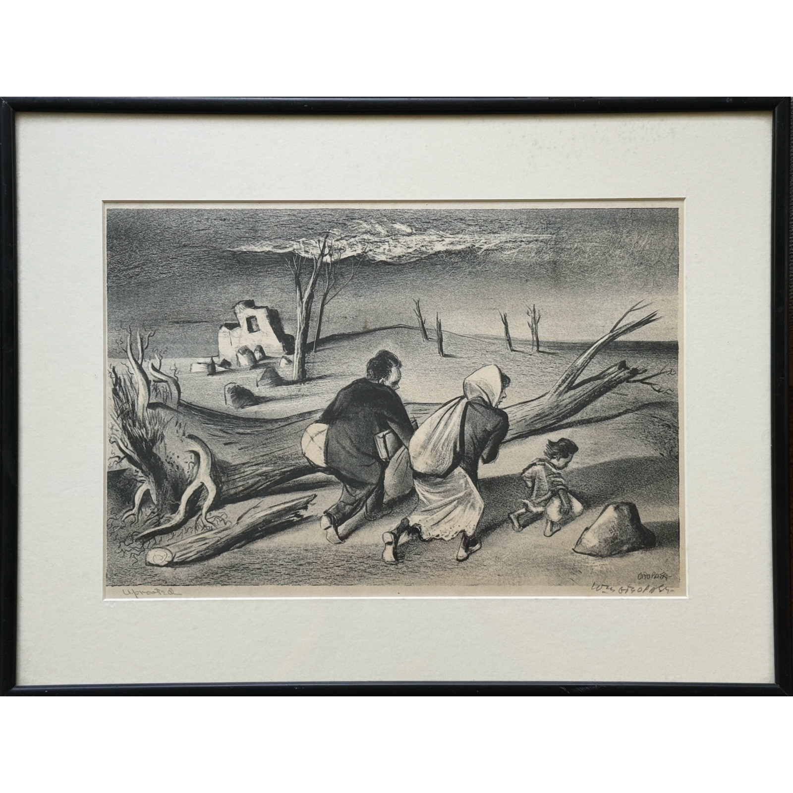 William Gropper lithograph titled Uprooted. Black wood frame. Frame measures 21 3/8 by 16 3/4 inches.