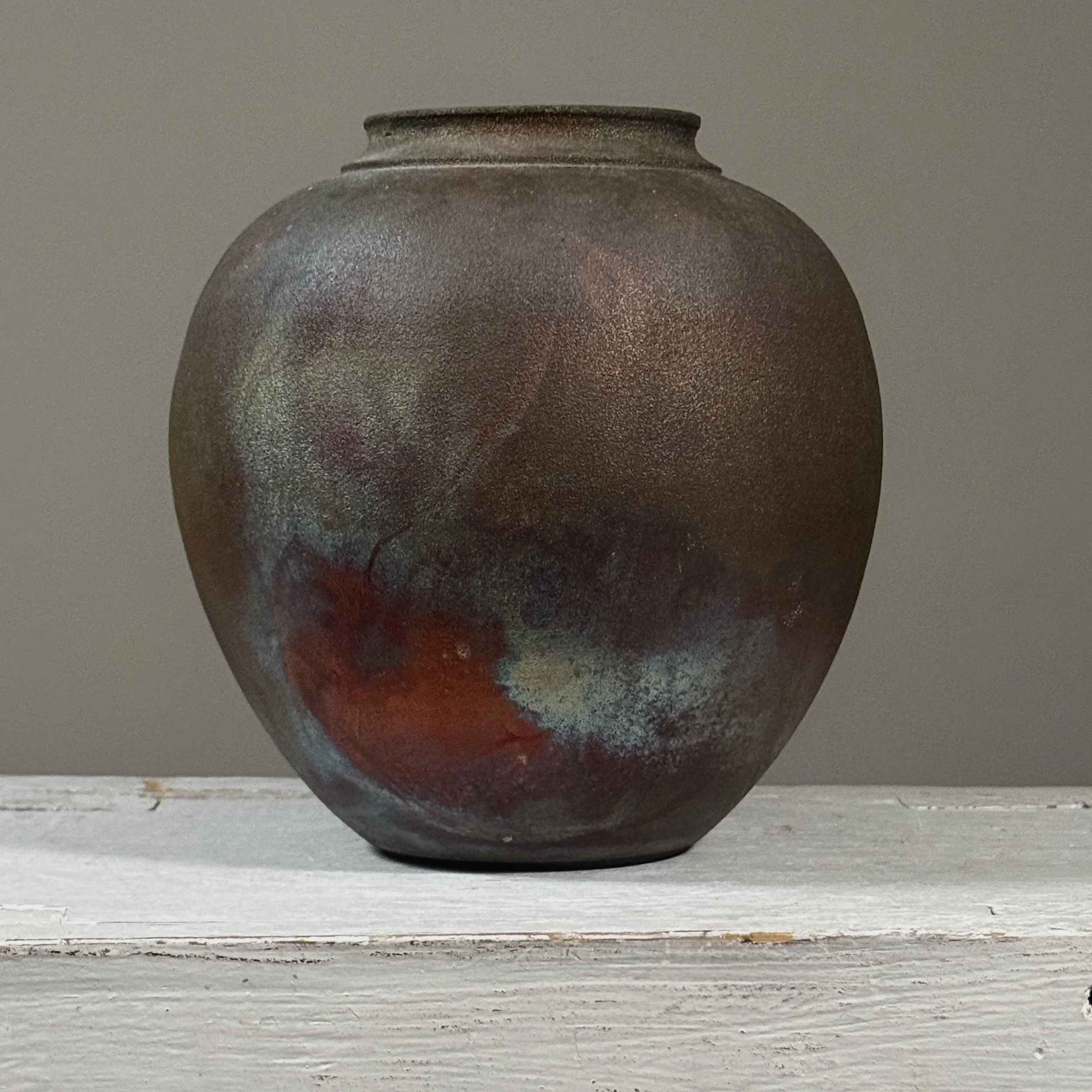 Vintage Postmodern raku fired vase, iridescent metallic glaze, signed