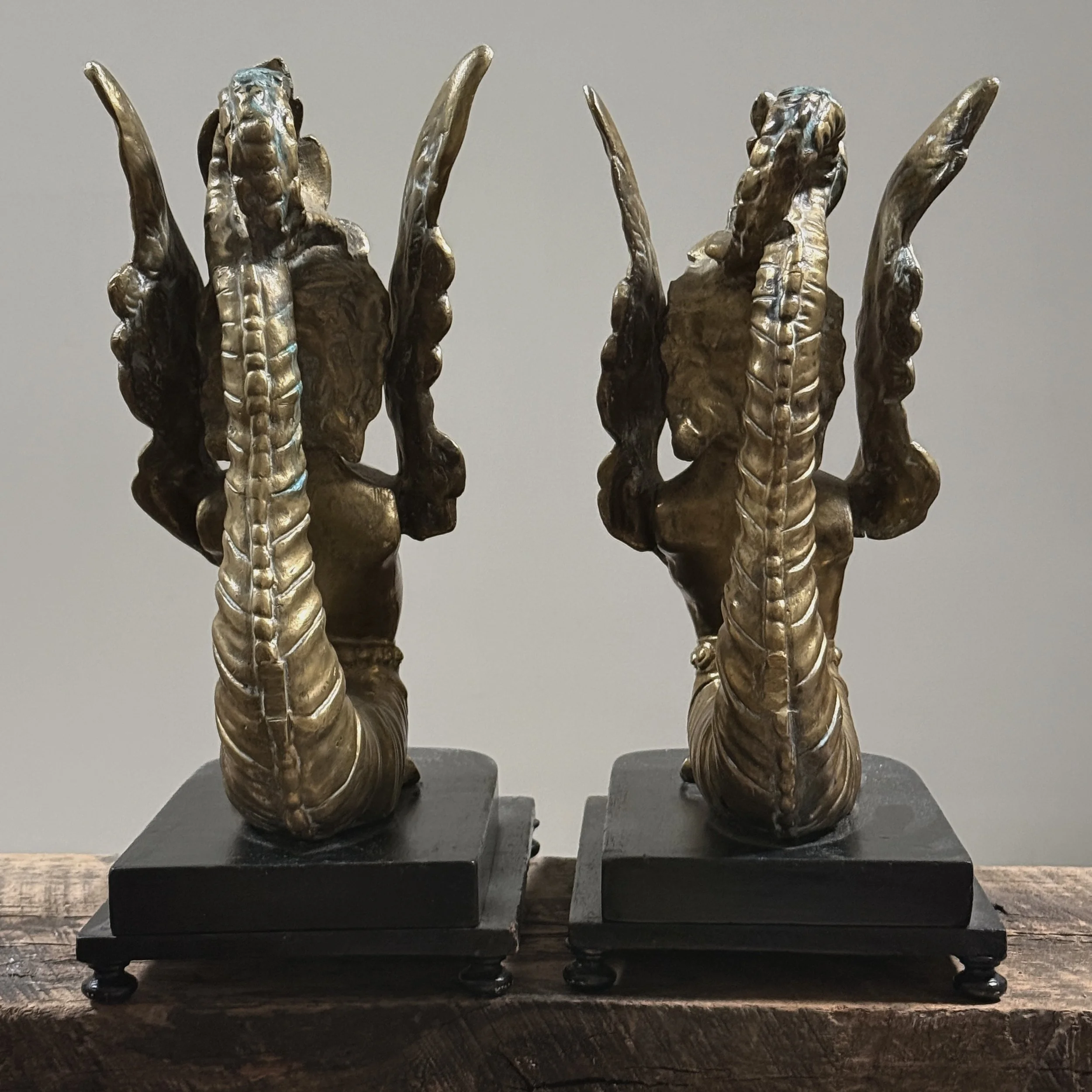Pair of antique 19th century brass Melusine sculptures, French Neoclassical