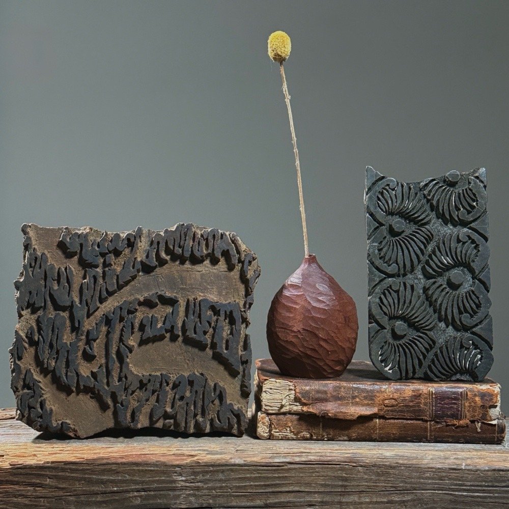 Antique Pair of Hand Carved Folk Art Indian Print Blocks