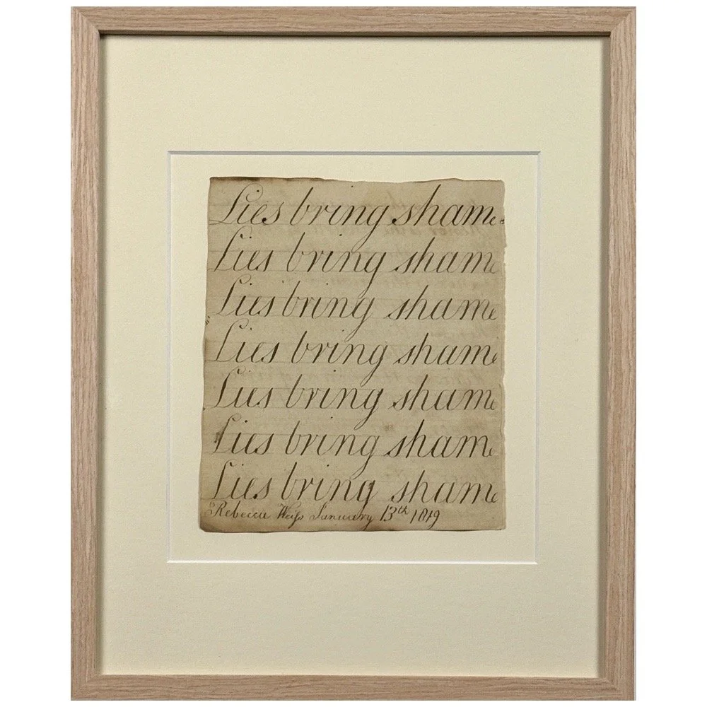 Antique 1819 calligraphy writing sample reading “Lies bring shame”