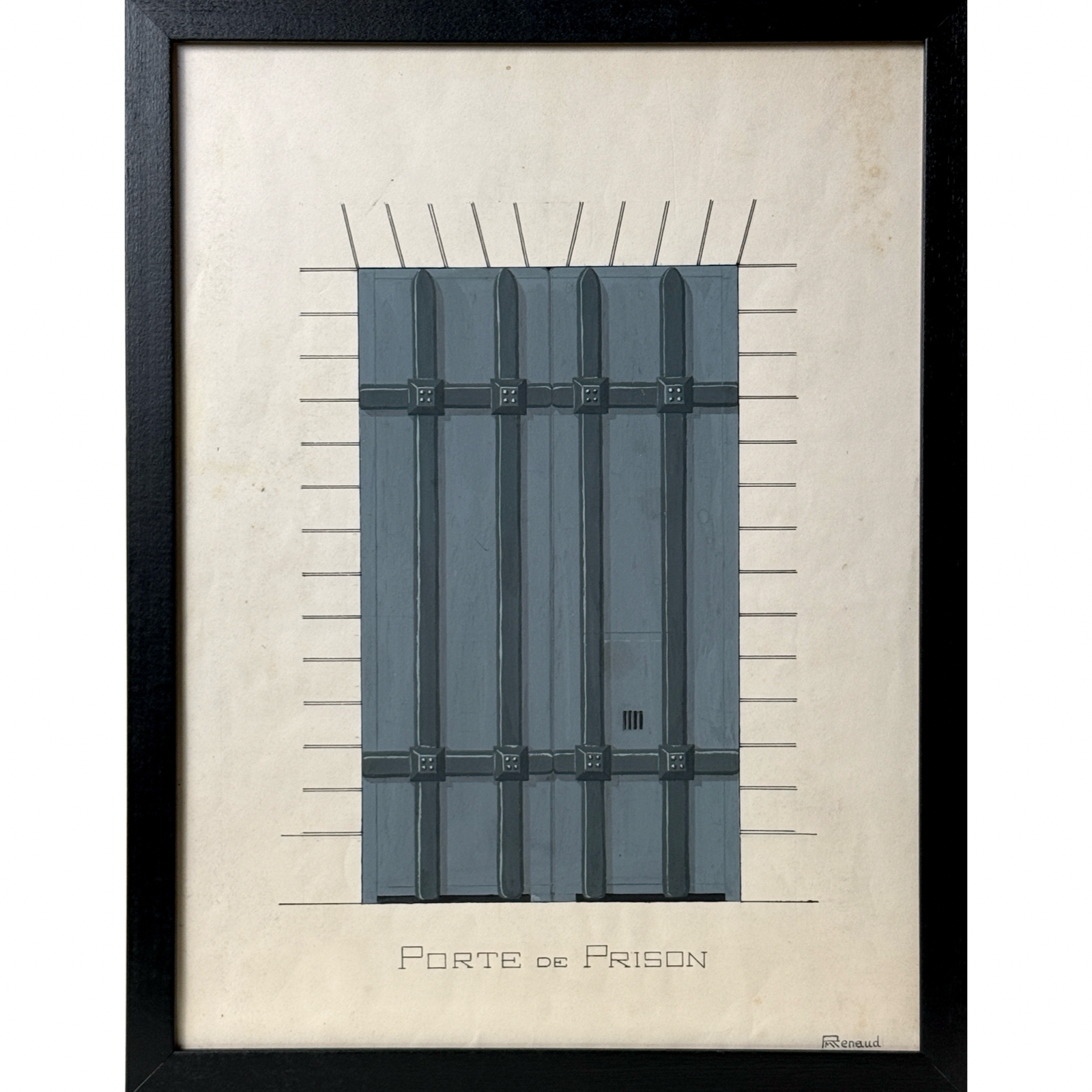 Antique gouache study "Porte de Prison" from Paris. Signed Renaud. 16.9 inches high by 12.9 inches wide.