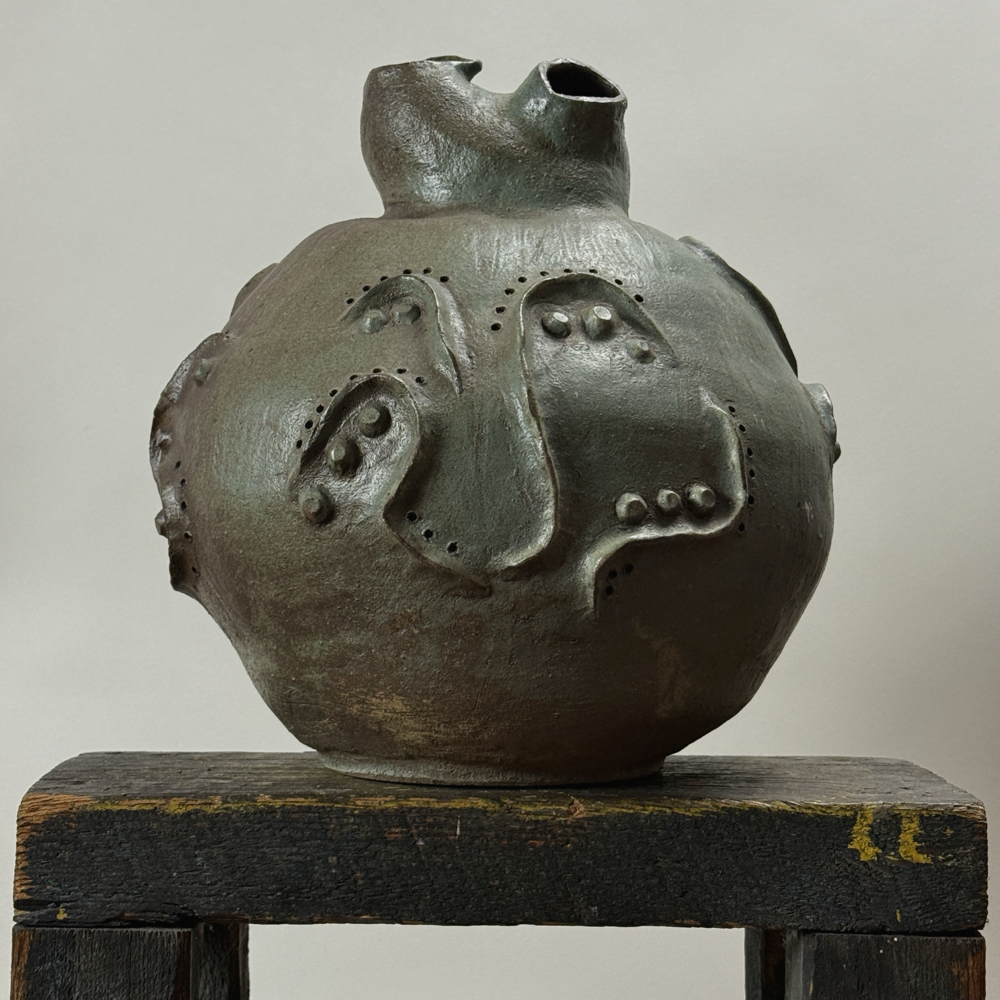Monumental signed modernist stoneware vessel with three sculptural spouts.