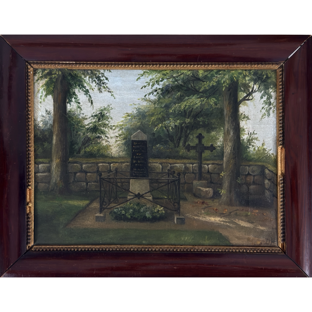 Full view of 1907 antique Danish Folk Art cemetery study of General Bülow's grave at Dybbøl Kirkegård, oil on canvas, initialed lower right, mahogany frame with gilt trim