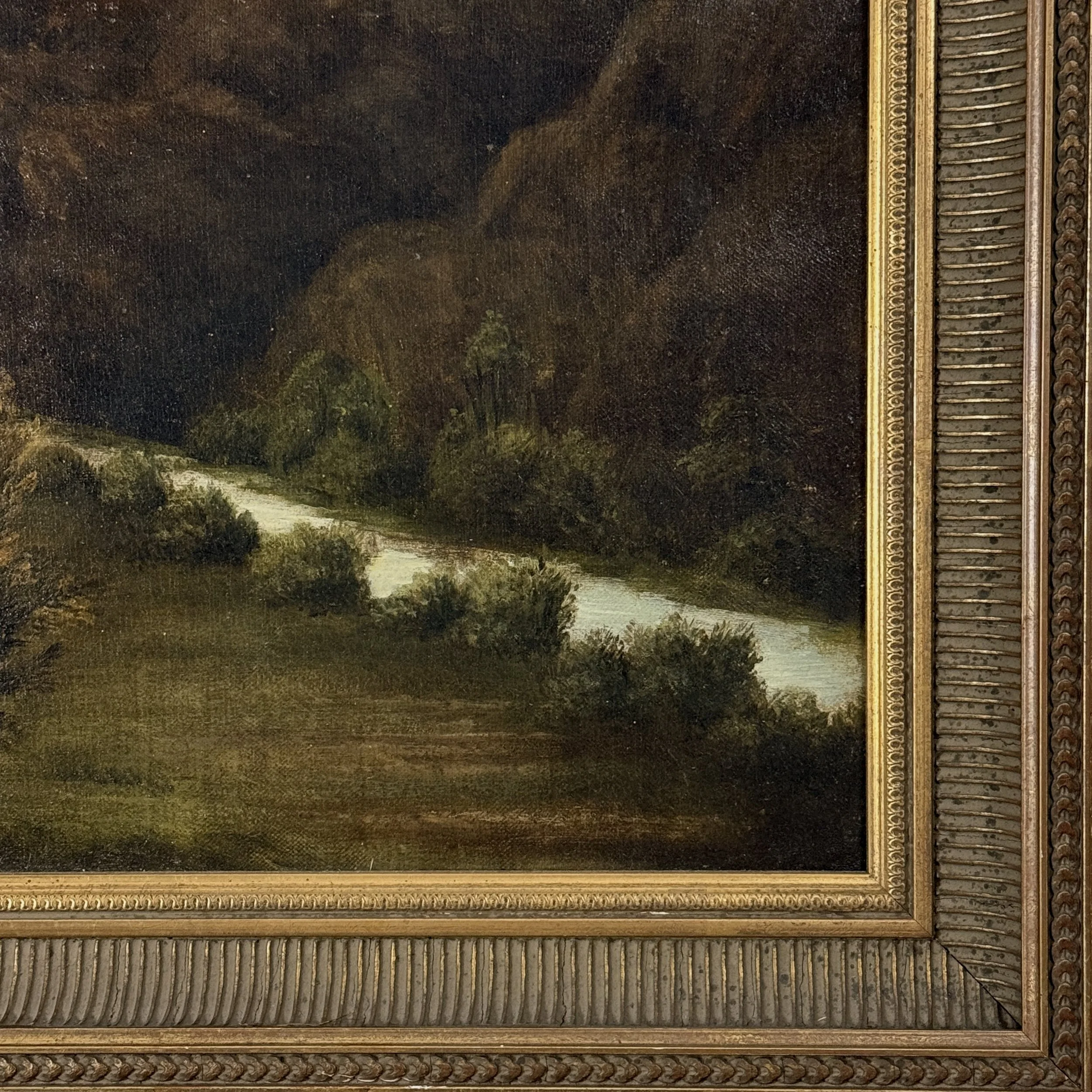 Antique Hudson River School mountainous landscape with river, oil on canvas