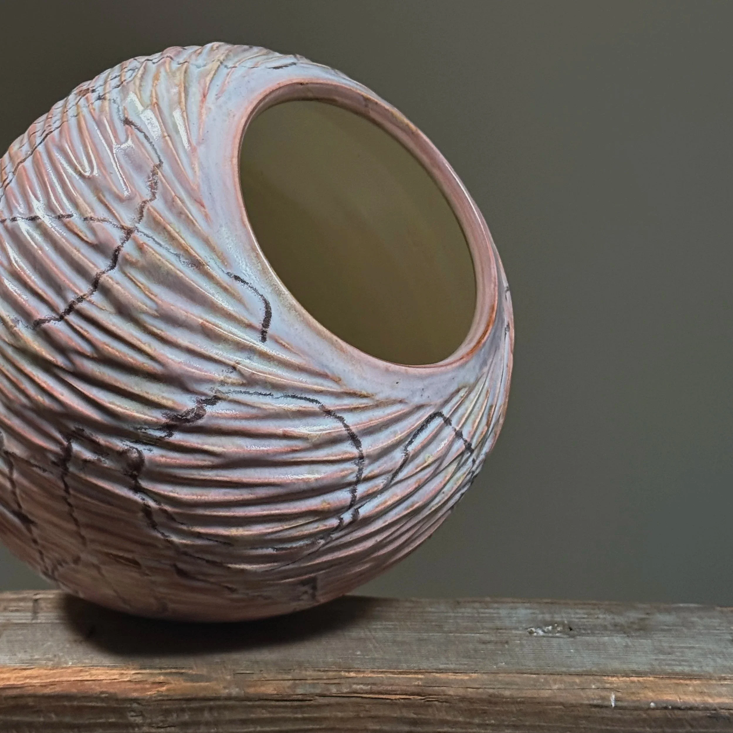 Overhead view of signed Japanese abstract expressionist vase opening