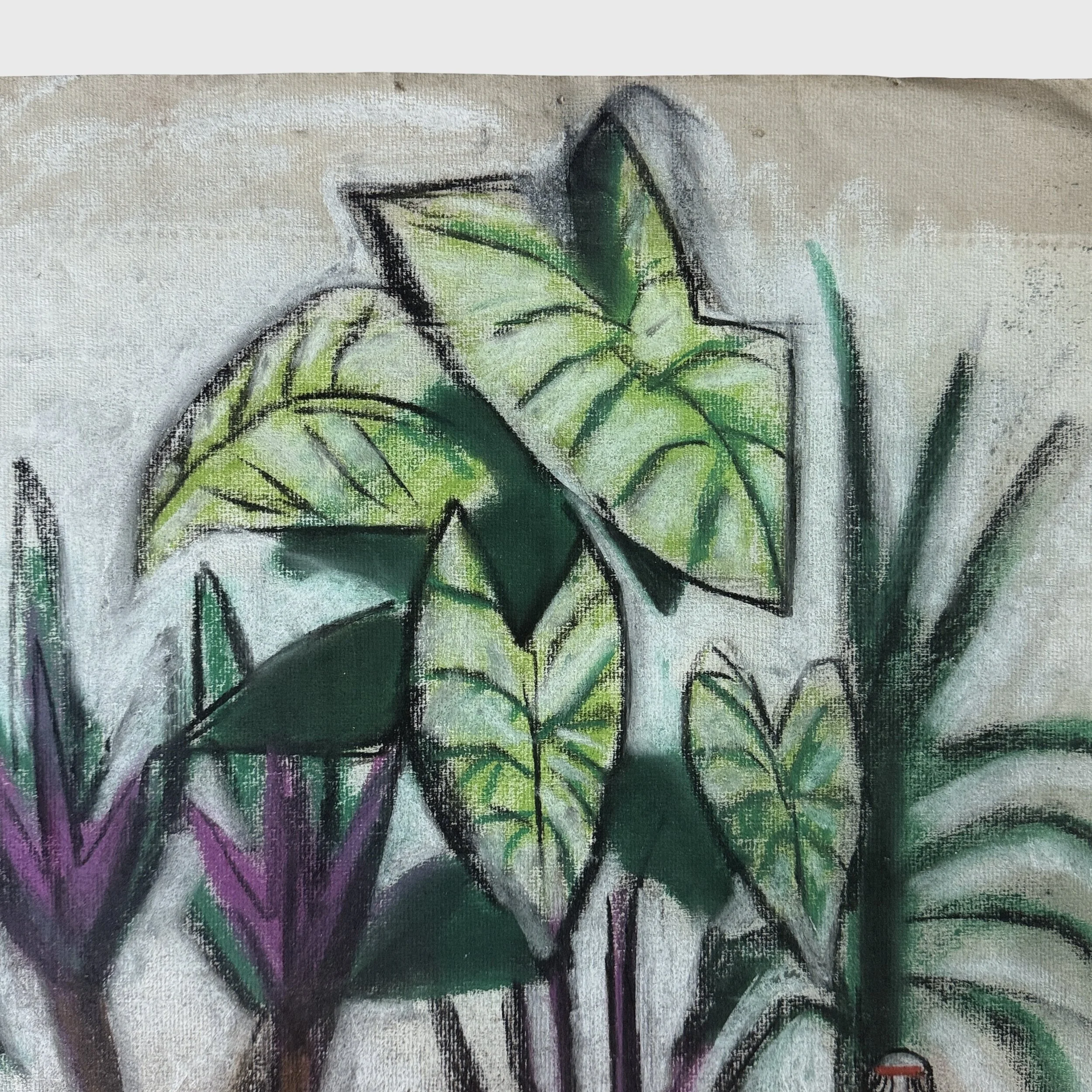 Detail of Alocasia leaves in pastel still life by Frederick Childs