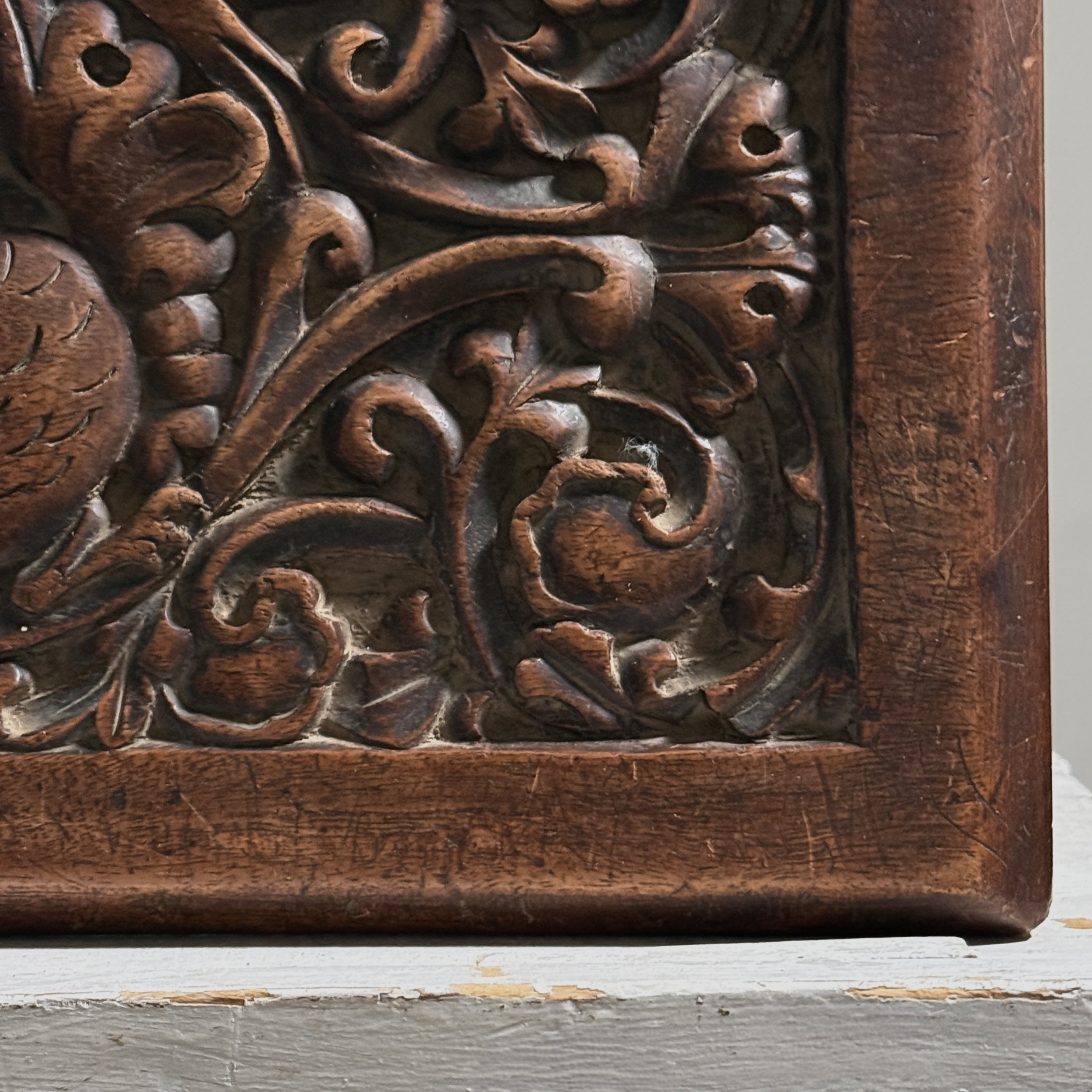 Antique hand-carved Gothic English step stool with scrolled lion and Green Man carvings