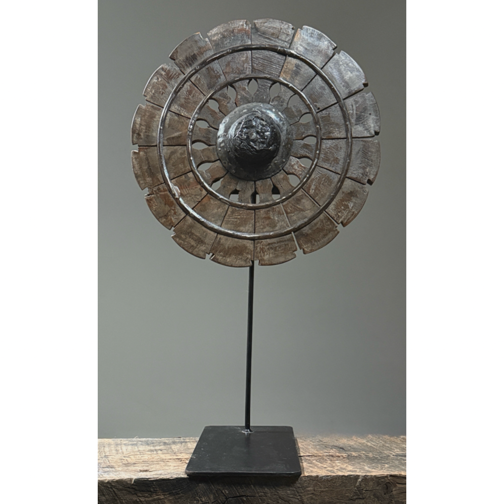 Antique hand carved folk art charkha wheel. Traditional Indian spinning wheel. 27 inches high.