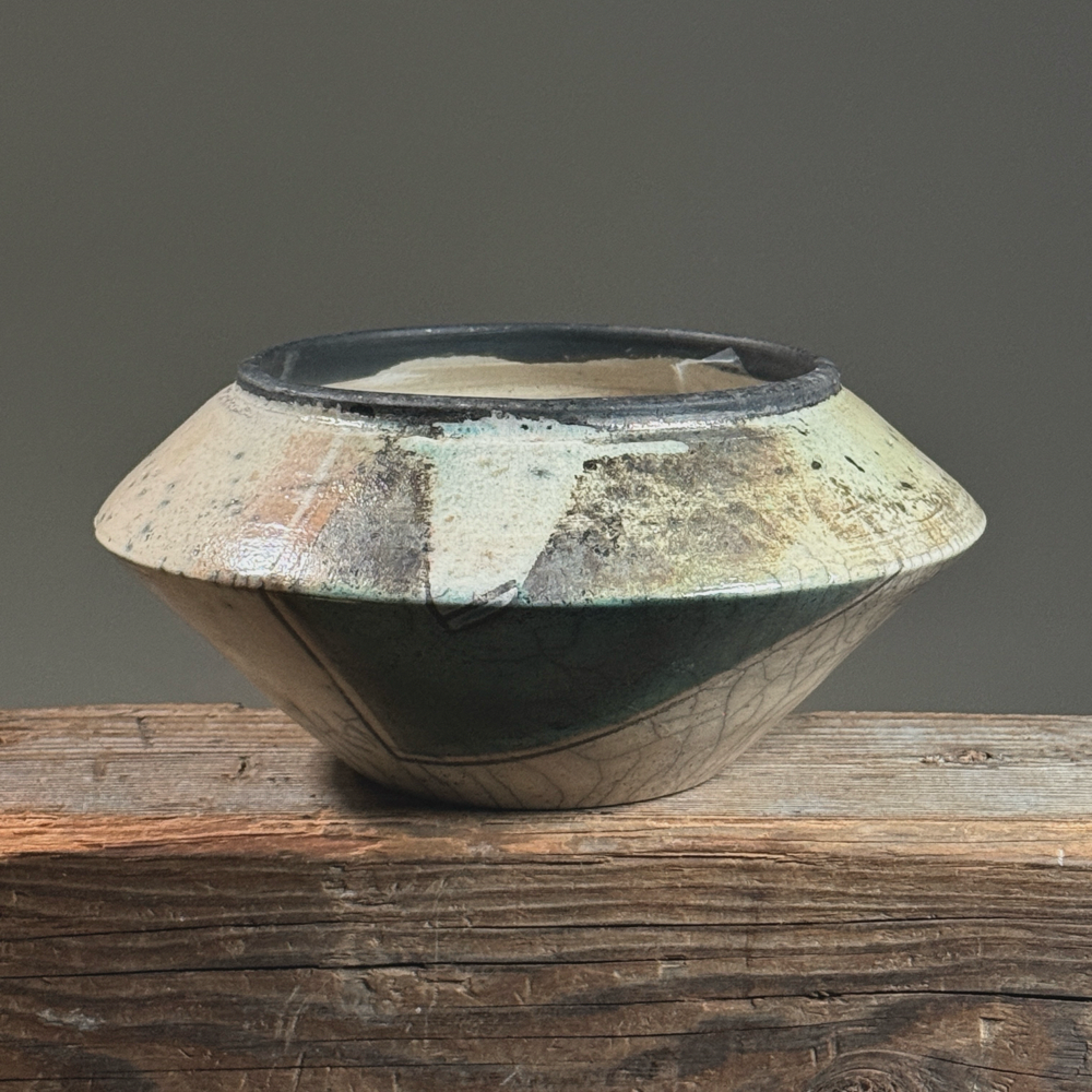 Vintage Japanese Raku fired crackle glazed vessel. 9.5 inches diameter by 4.5 inches height.