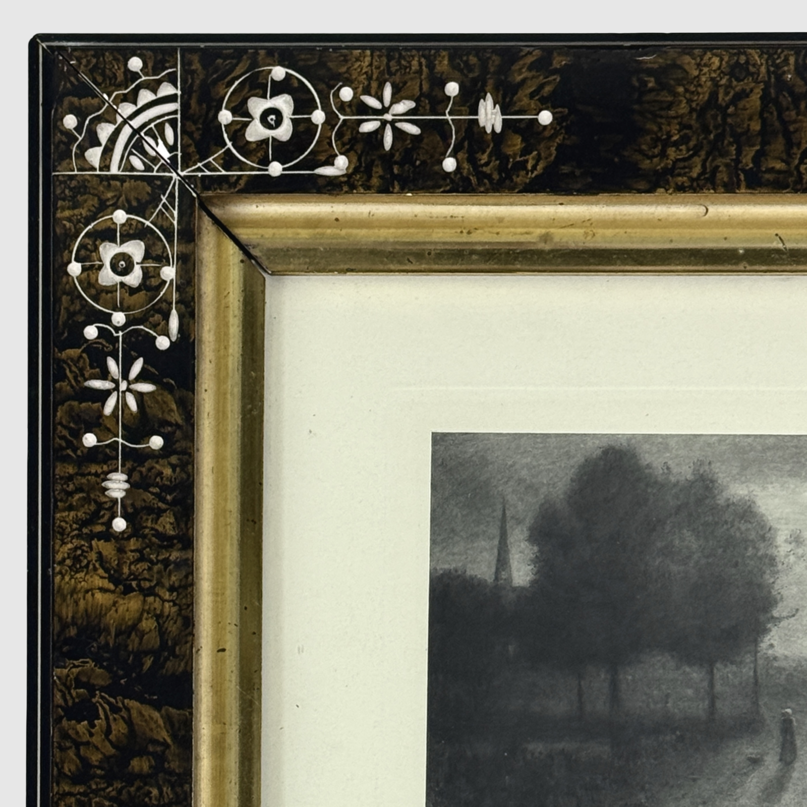 Victorian frame with etched floral motif, stepped gilt trim, Inness engraving