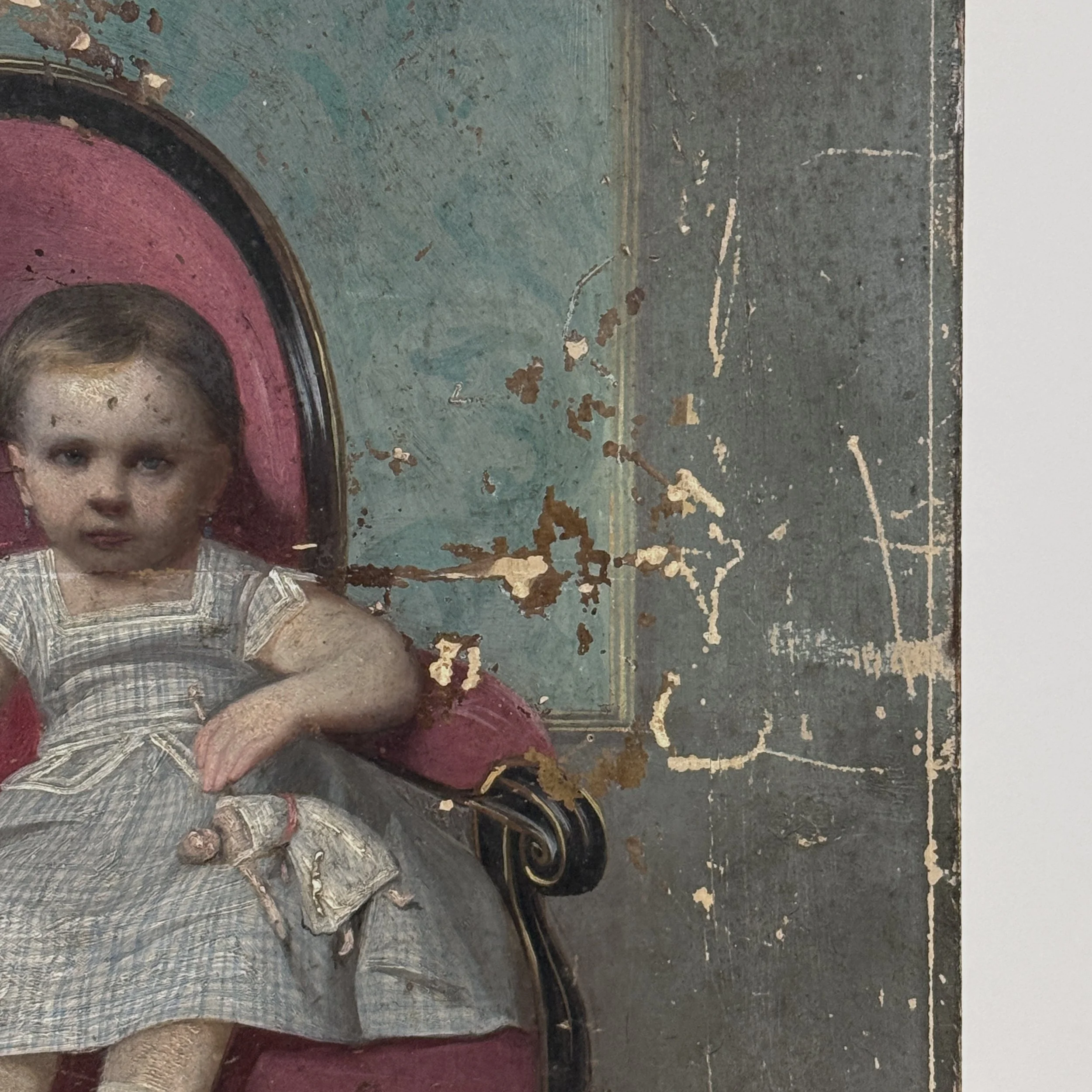 Patina detail. Surface aging throughout painting.
