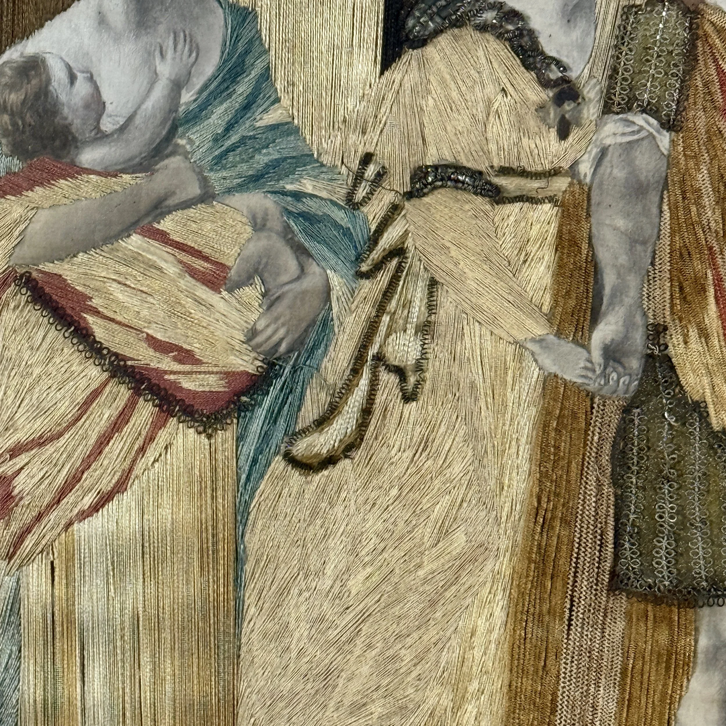 Layered silk embroidery with fabric appliqué and pailettes, antique needlework