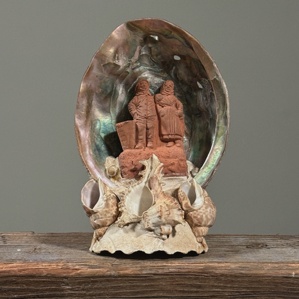 Attributed to Pierre-Adrien Graillon, French terracotta couple in abalone shell, Dieppe folk art