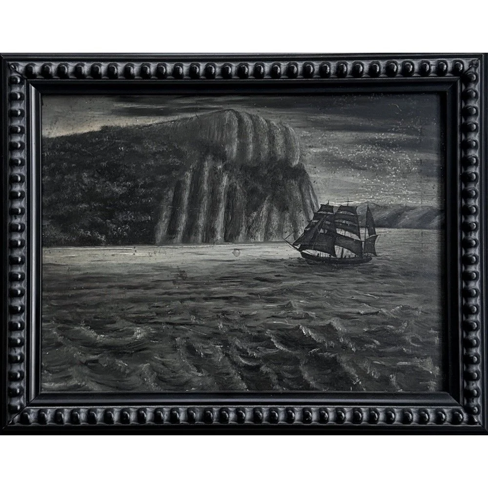Antique Folk Art Nocturne Moonlit Seascape, Framed