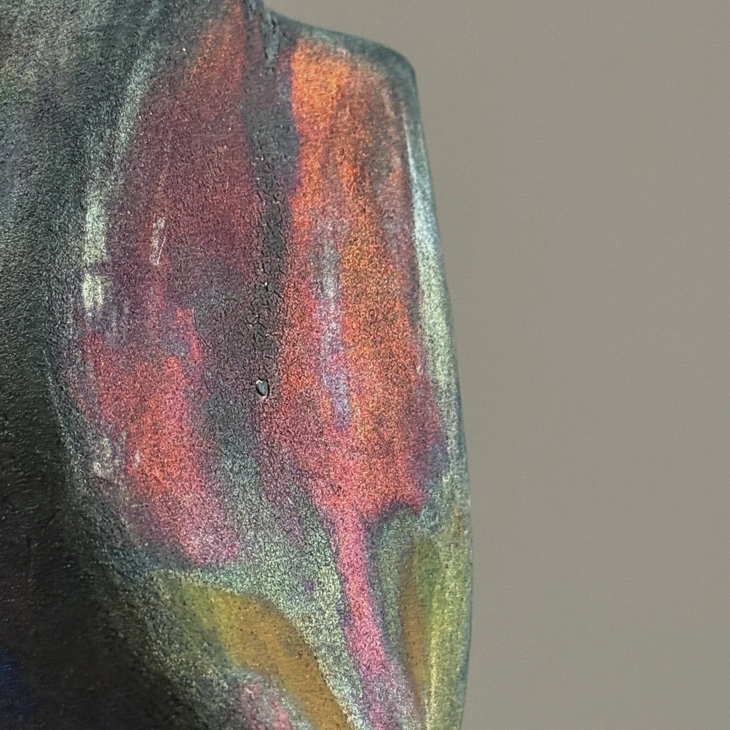 Metallic glaze detail, blackware vessel, red yellow blue accents