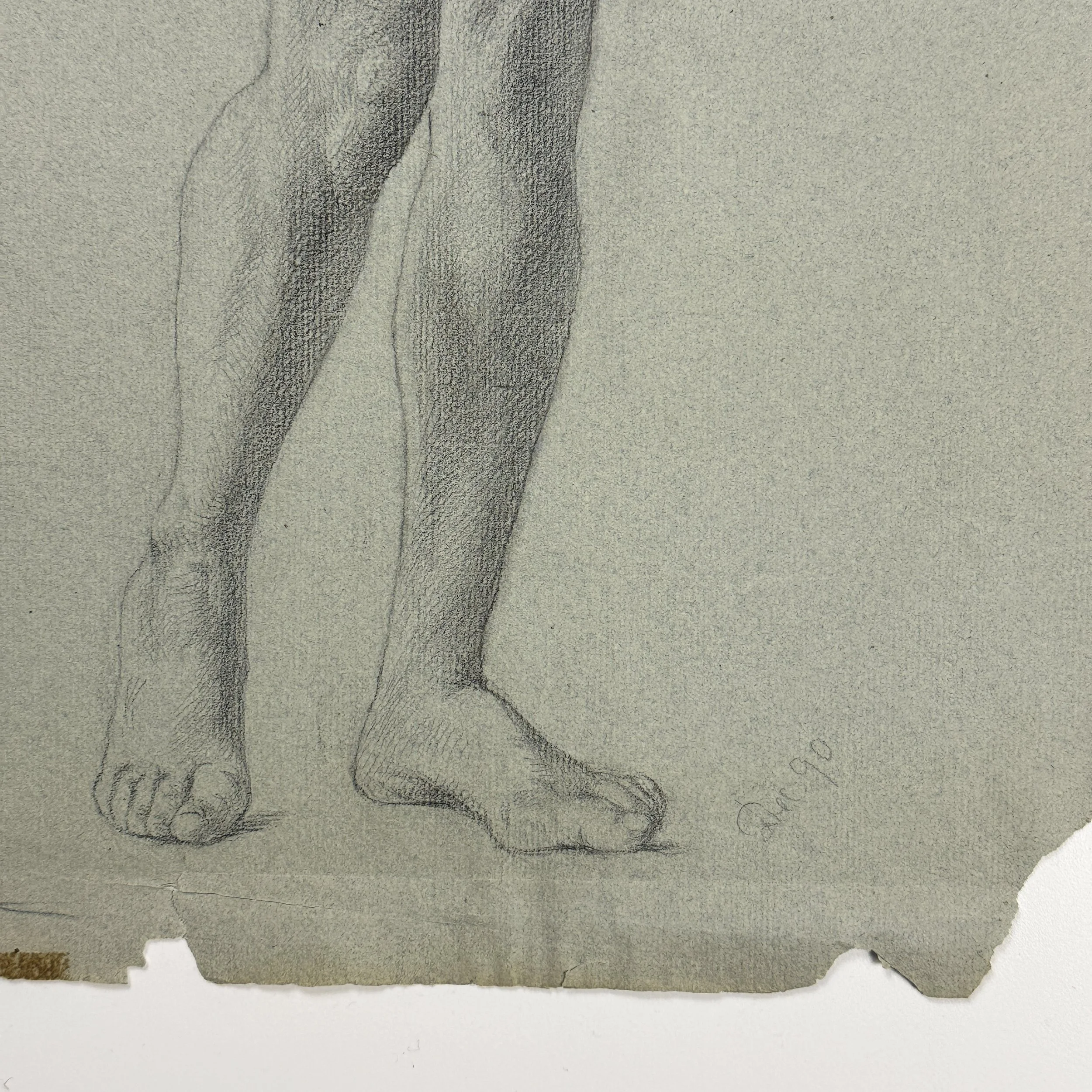 Close-up of charcoal mark-making and toned paper texture in Ludwig Ernst Faber drawing Inscription “Dec. 90”