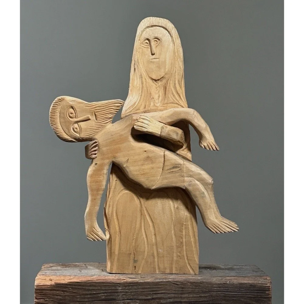 Vintage Hand Carved Folk Art Pietà Bare Wood Sculpture