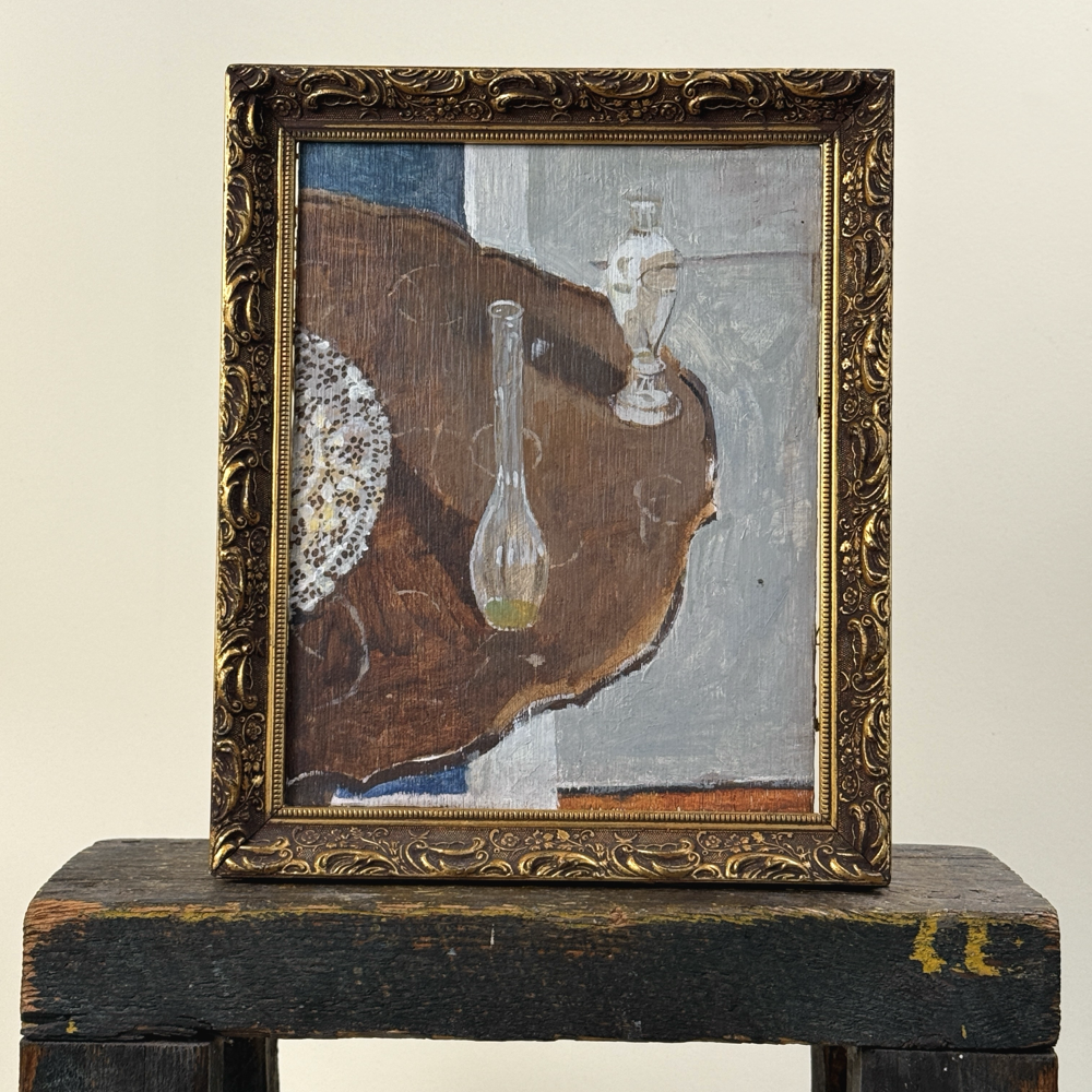 Front view of Expressionist still life with two glass vases and lace doily by Jimmy Bellew