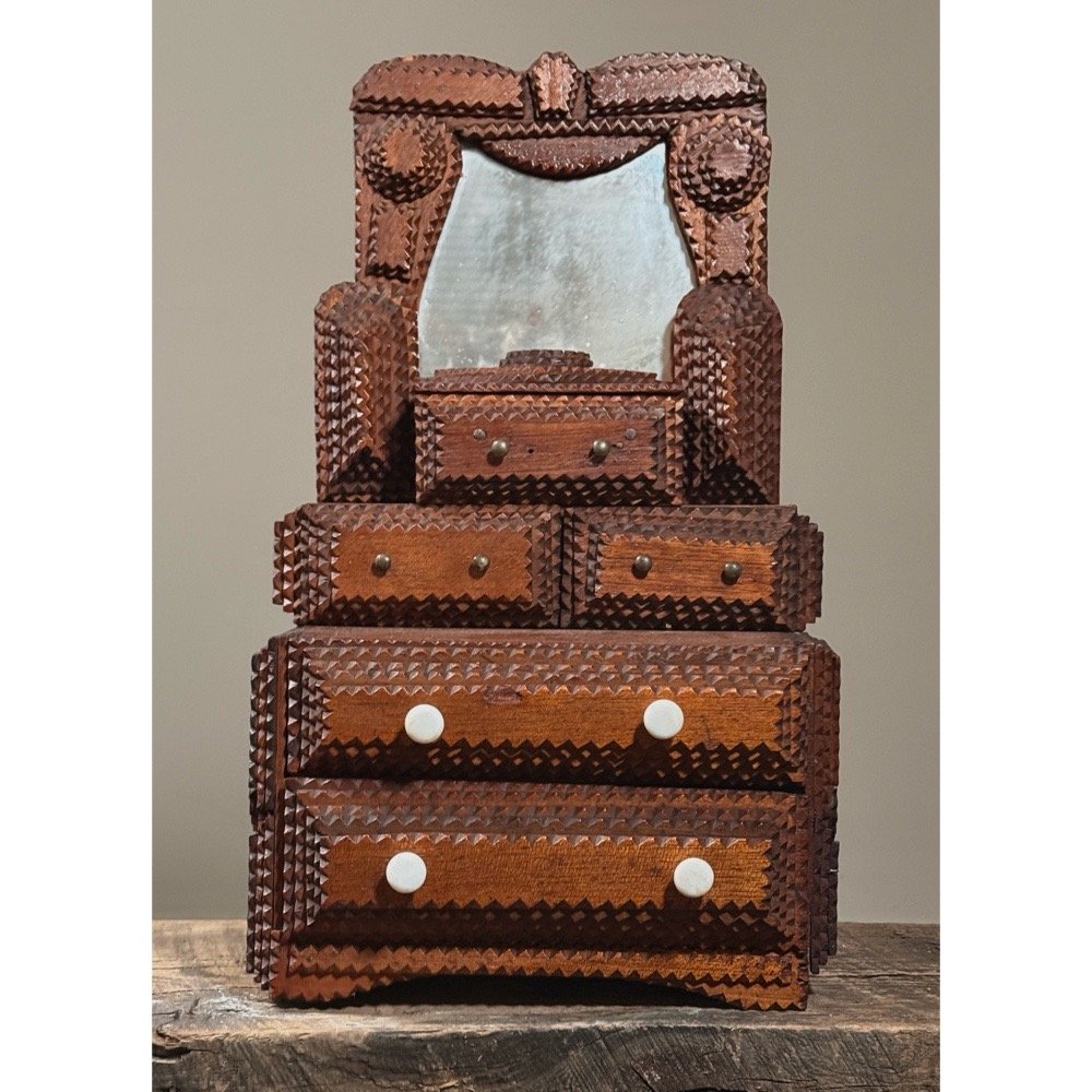 Antique Tramp Art Tabletop Dresser with Mirror