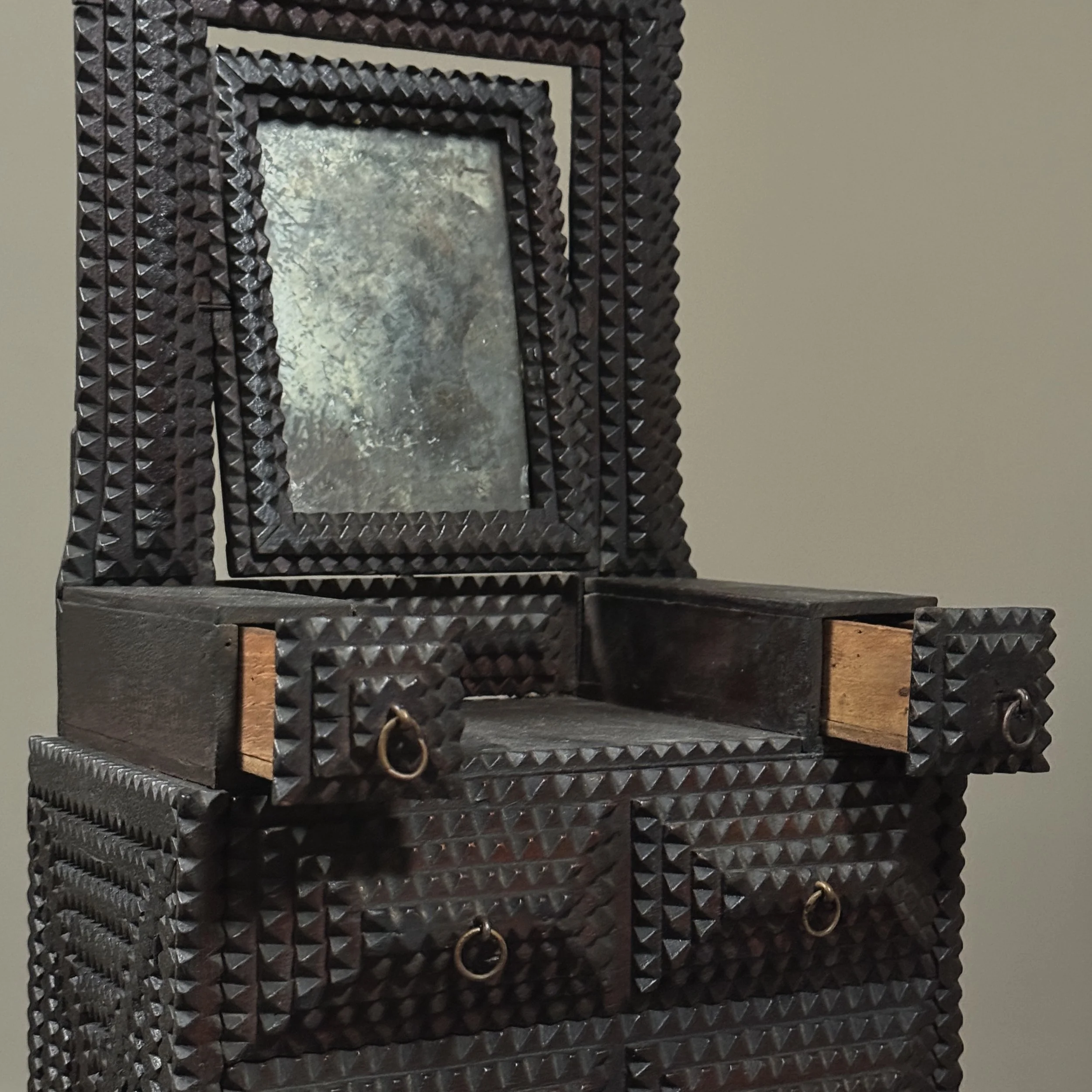 Antique tramp art dresser upper drawer configuration