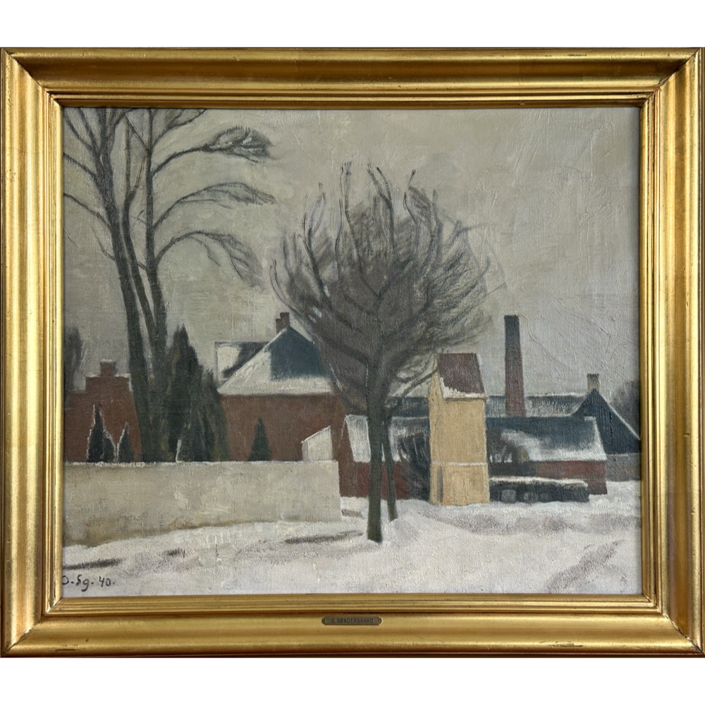 Full view of Ole Søndergaard 1940 modernist winter city landscape of snow-covered Roskilde, oil on canvas, signed, gilt wood frame with nameplate