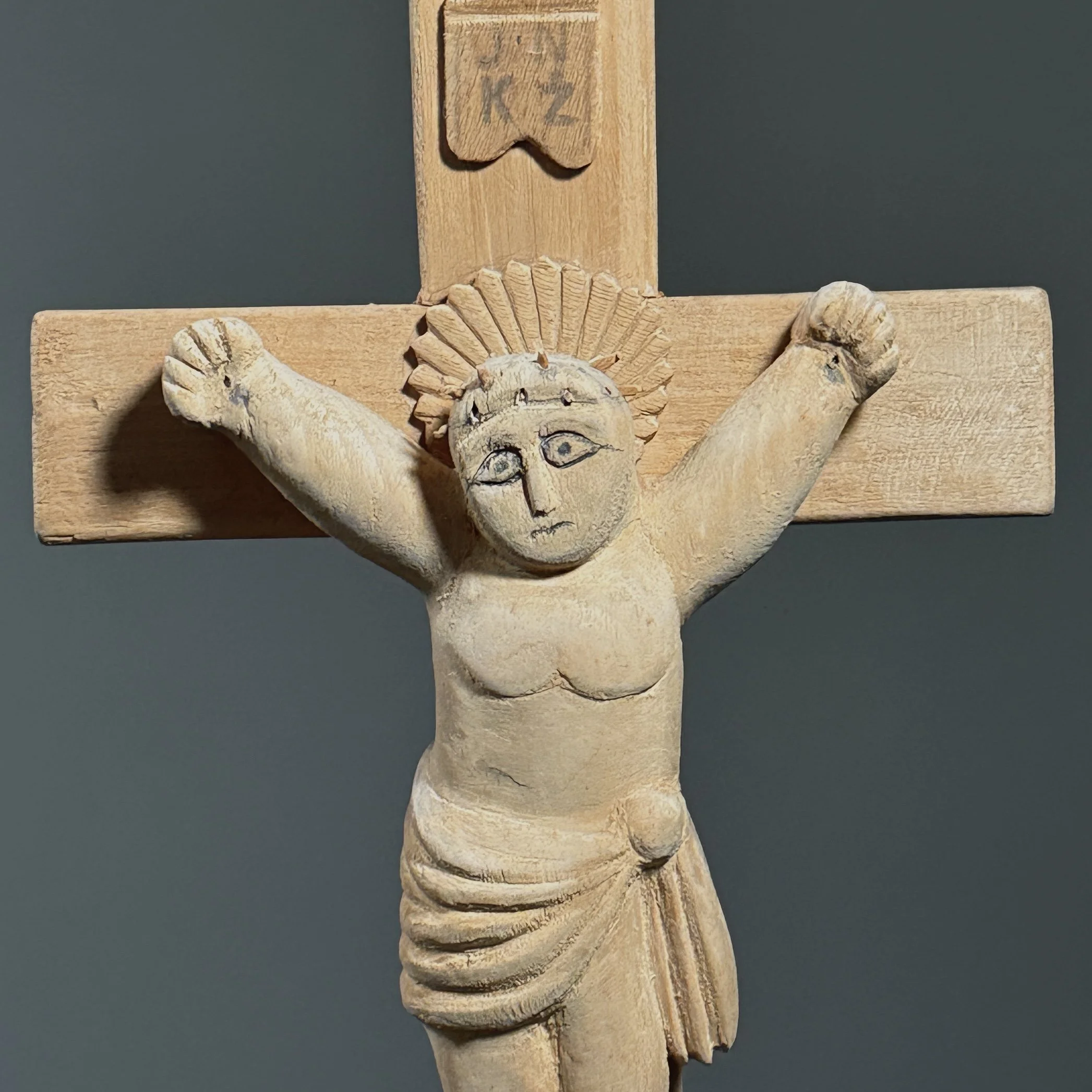 Close-up of carved crown of thorns on wooden Christ figure