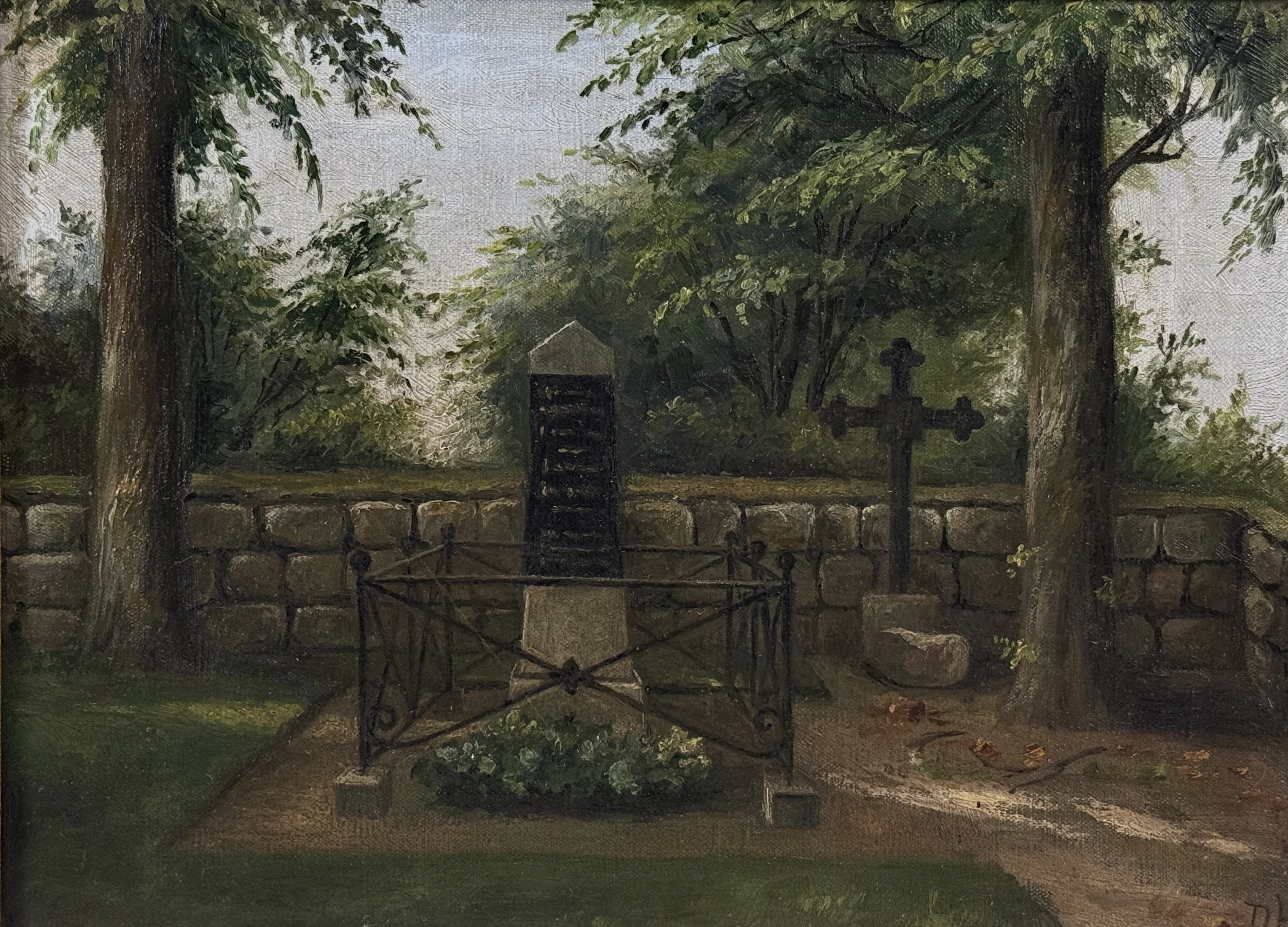 Detail view of cemetery landscape and grave site in antique Danish Folk Art painting of General Bülow's grave, oil on canvas, 1907