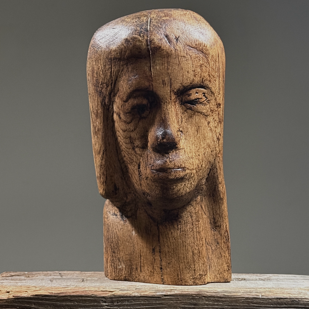 Full front view of vintage hand carved Folk Art Modernist portrait bust, wood, deep patina, unsigned