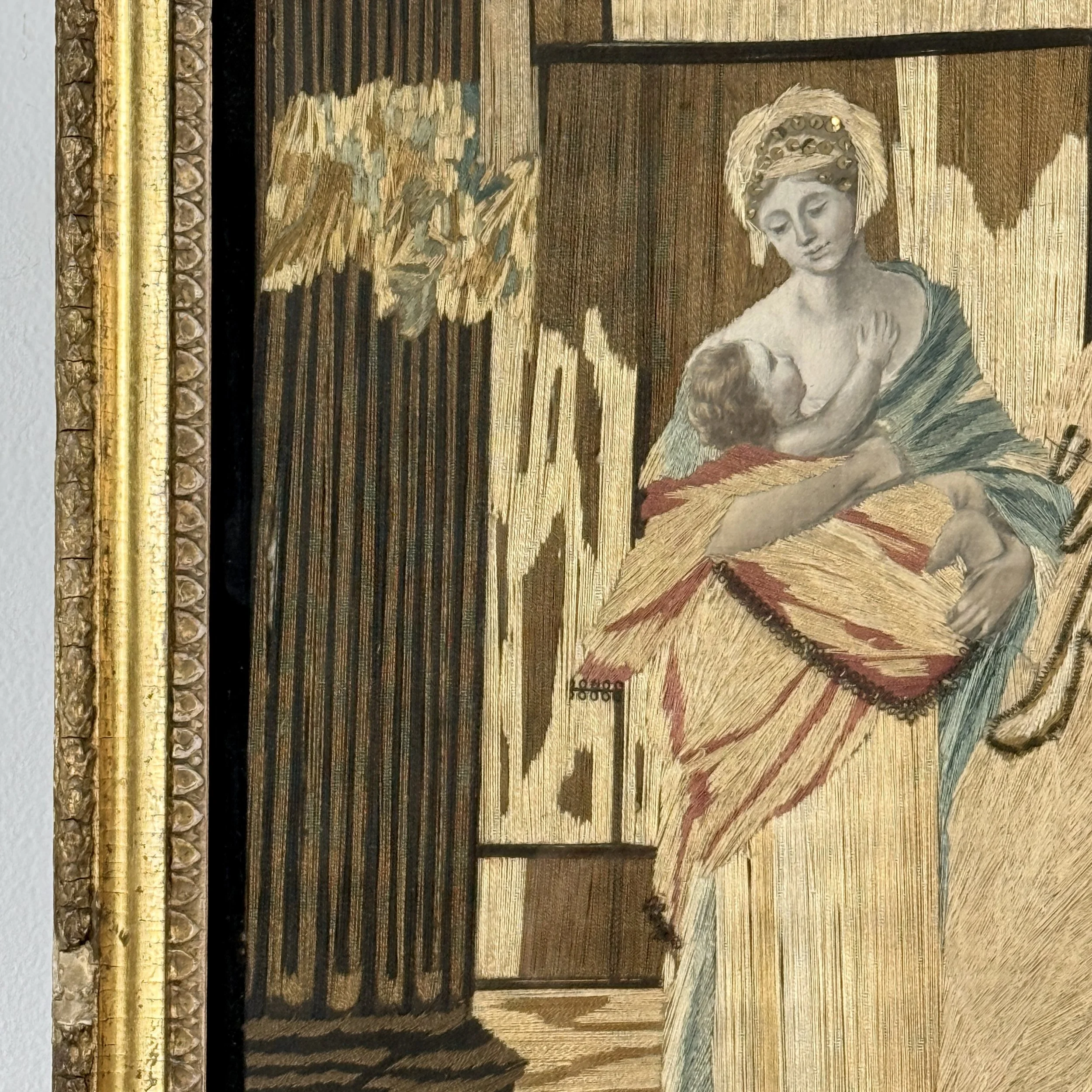 Detail of hand-painted faces and hands, silk embroidery, Georgian tapestry