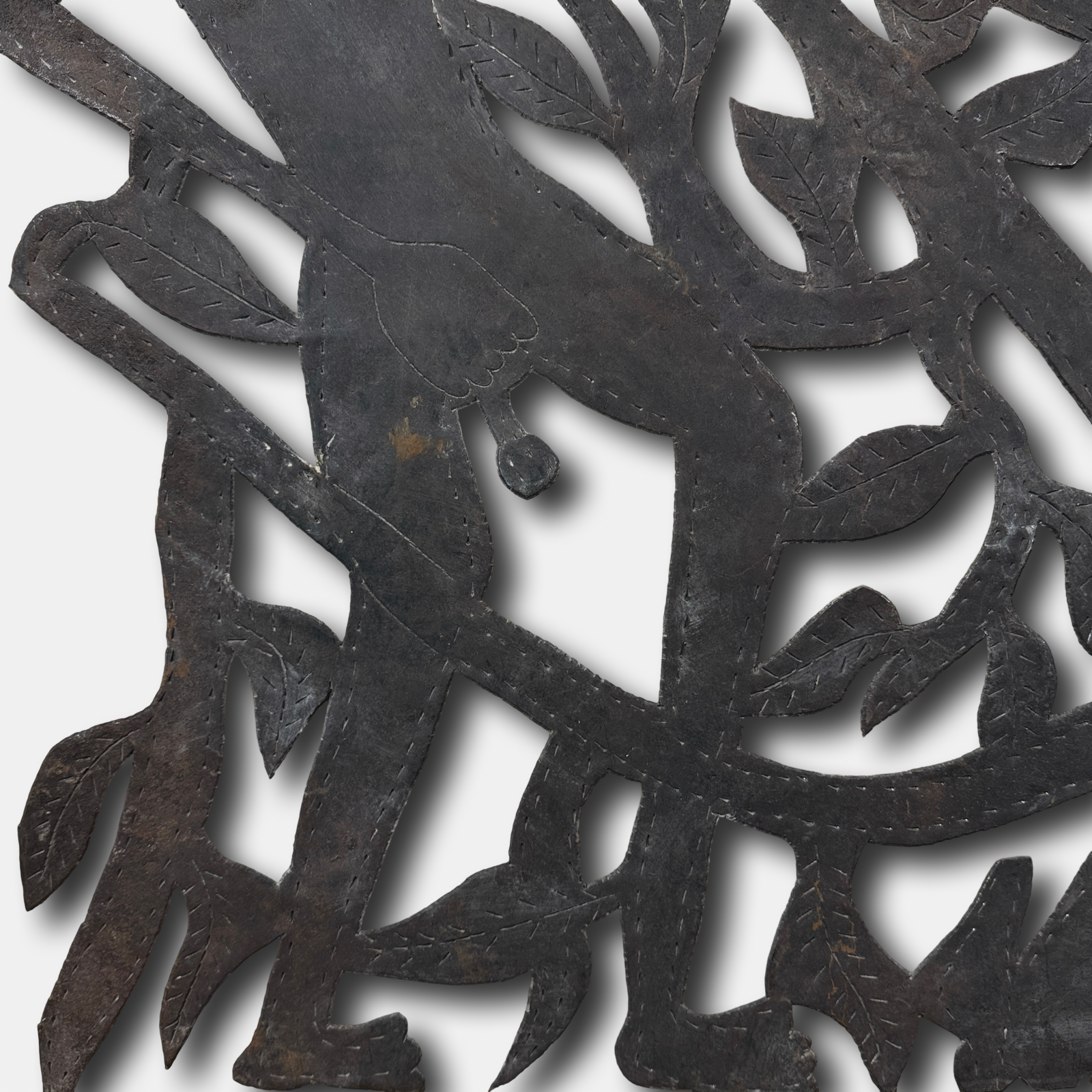Vintage Haitian folk art cut metal sculpture of two figures and a tree, signed Gelot