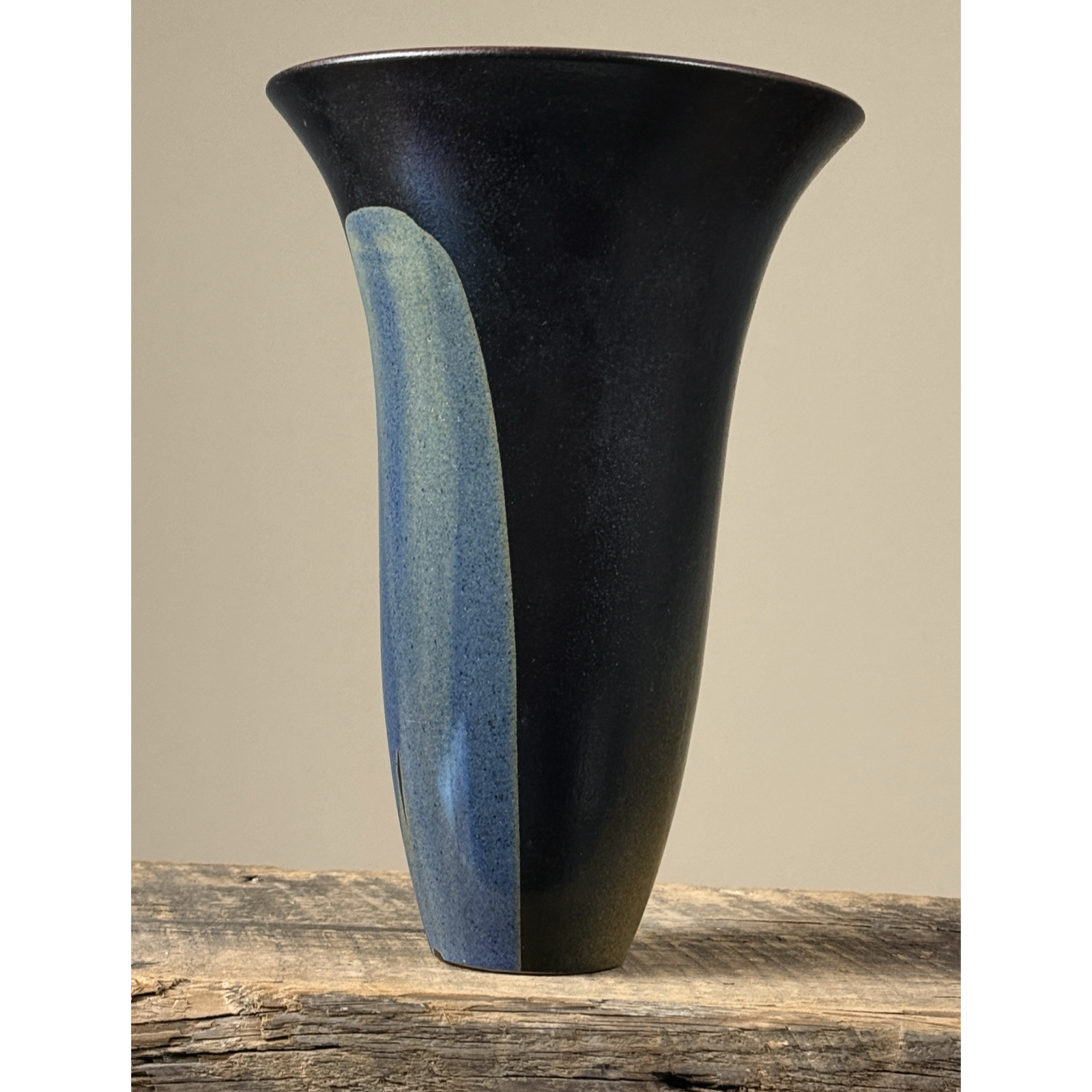 Vintage Japanese Modernist speckled blue drip glaze trumpet vase, signed