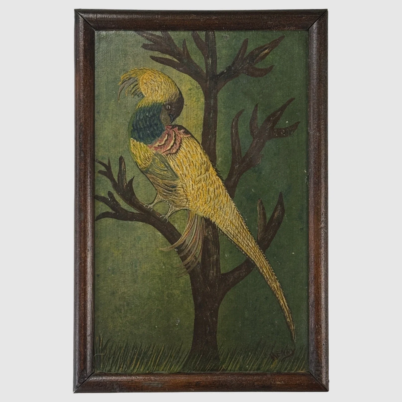 Full view of antique folk art painting of bird in tree, signed lower right