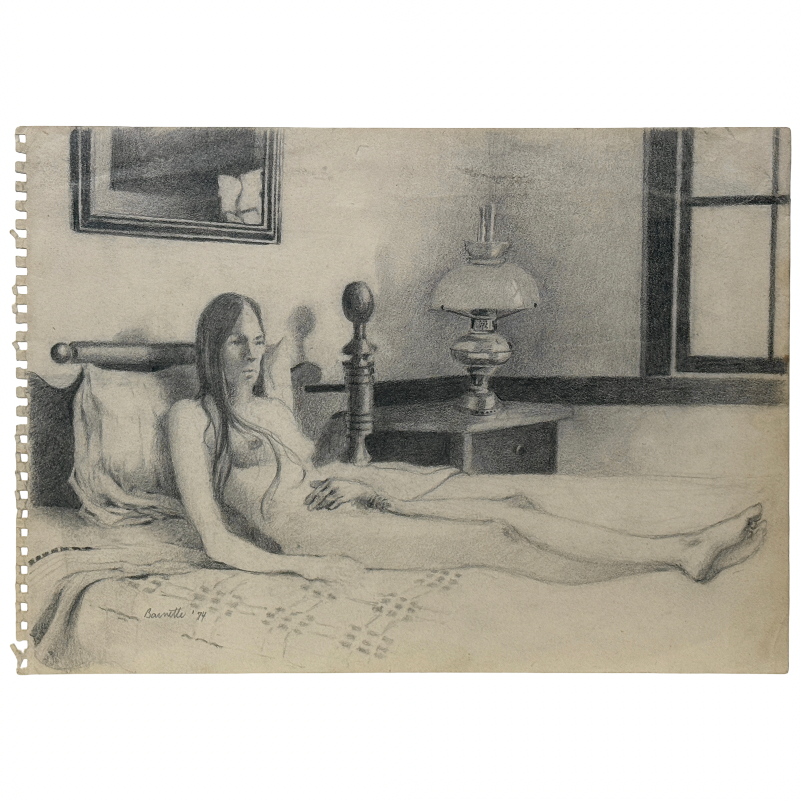 Nude woman reclining on bed. Expressionist gestural linework. Graphite on paper.