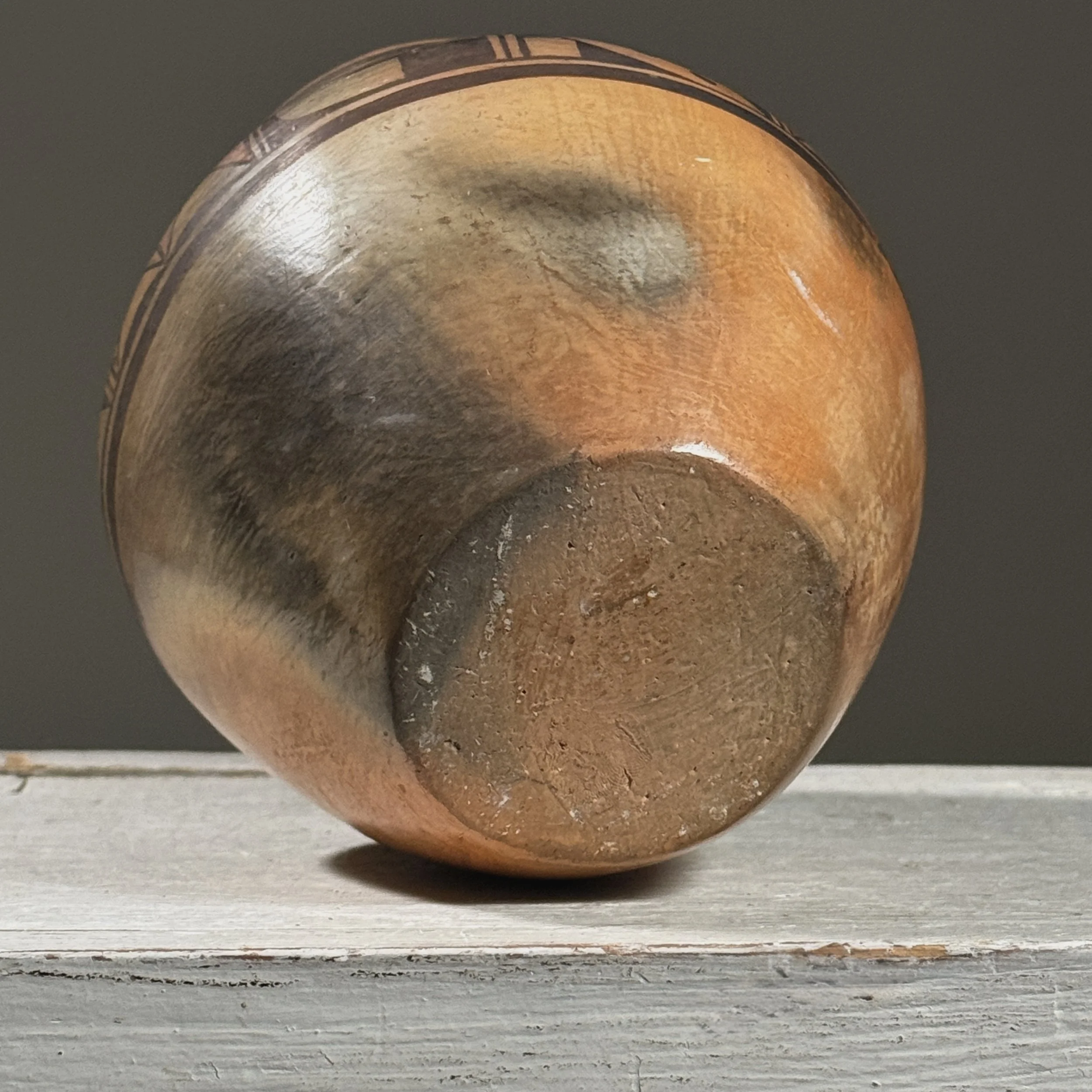 Smoke marks on exterior, Hopi pit-fired pottery vessel