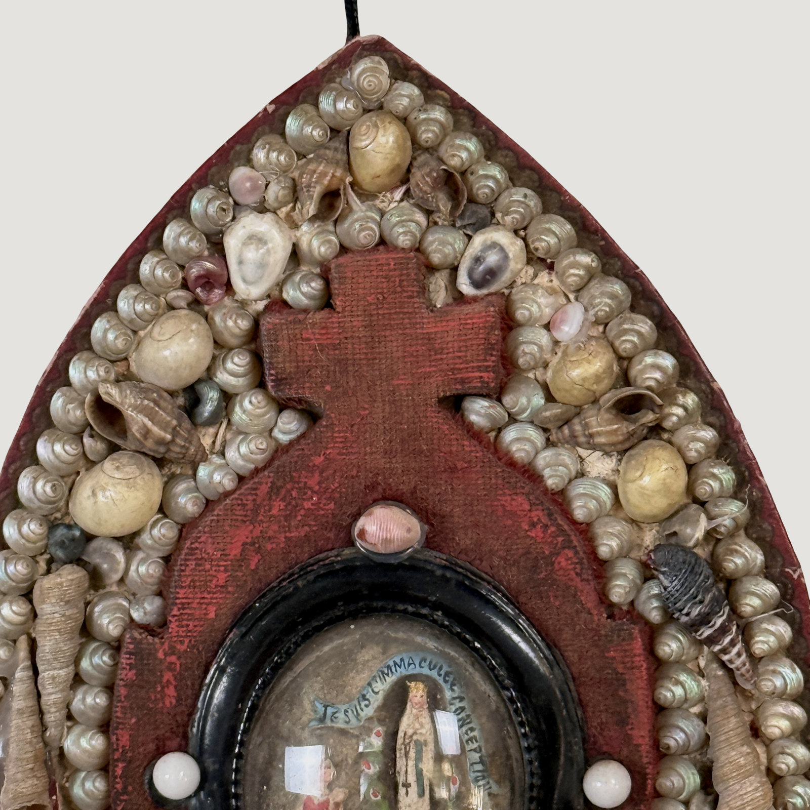 Vintage French folk art devotional wall plaque, Saint Bernadette diorama, shell decoration