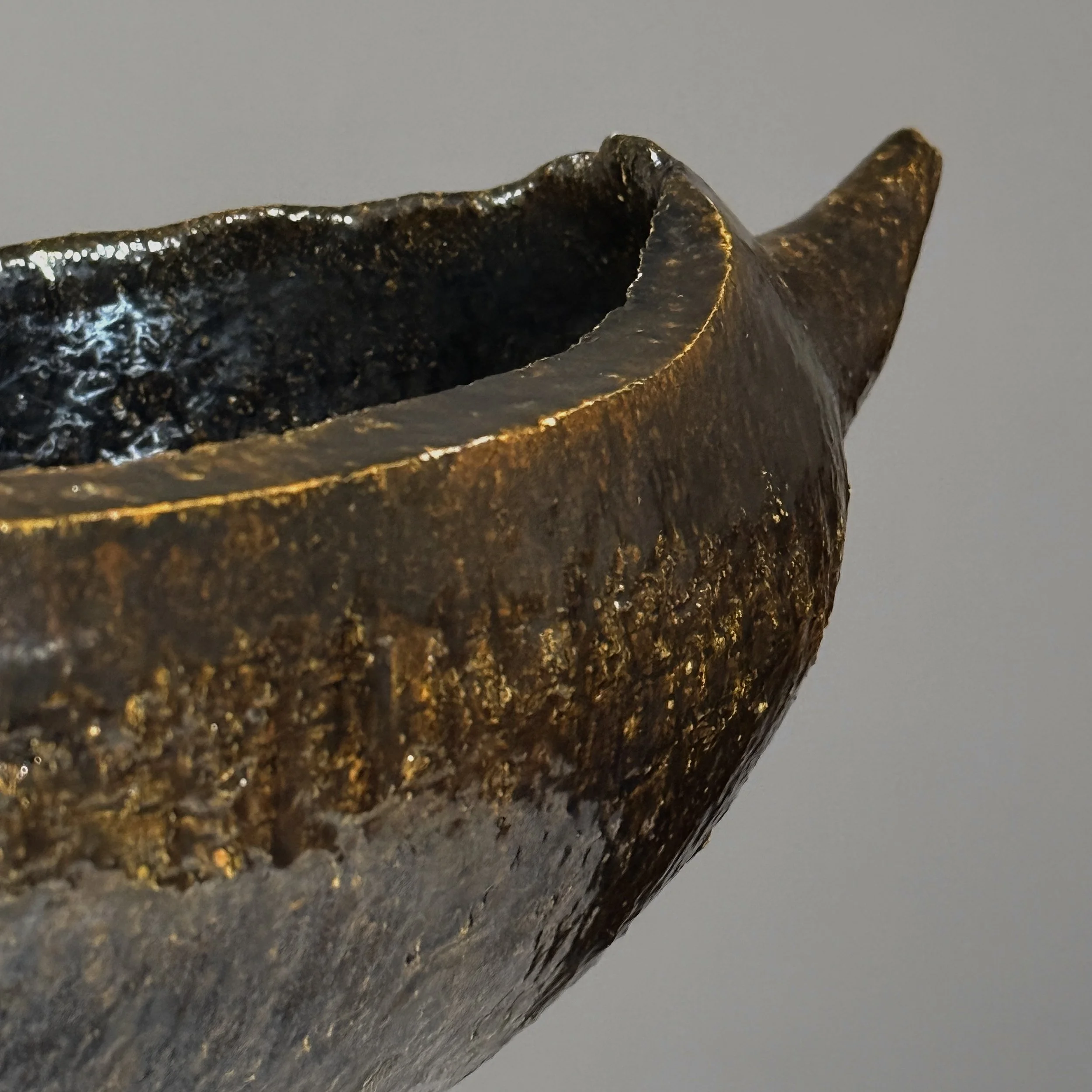 Detail of Large vintage Japanese Brutalist abstract wood fired stoneware vessel, signed
